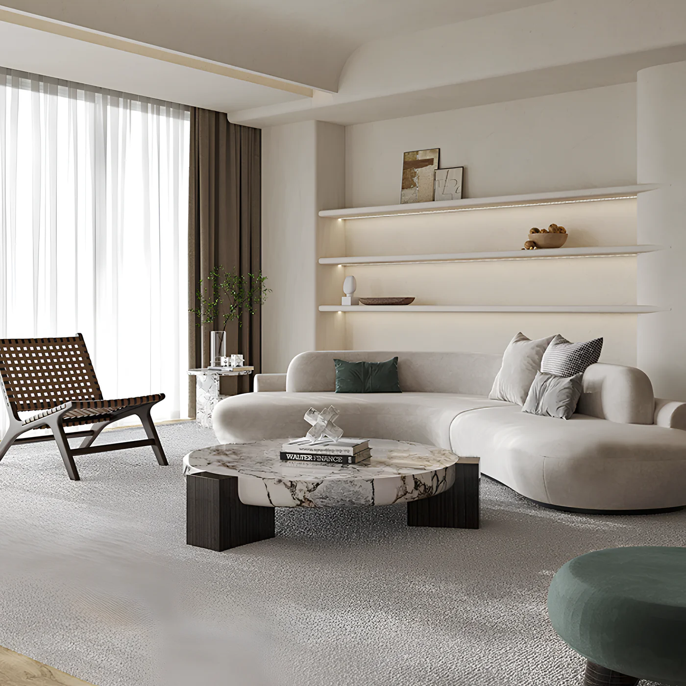 Modern Round Natural Marble Coffee Table with Solid Wood Base - Image 4