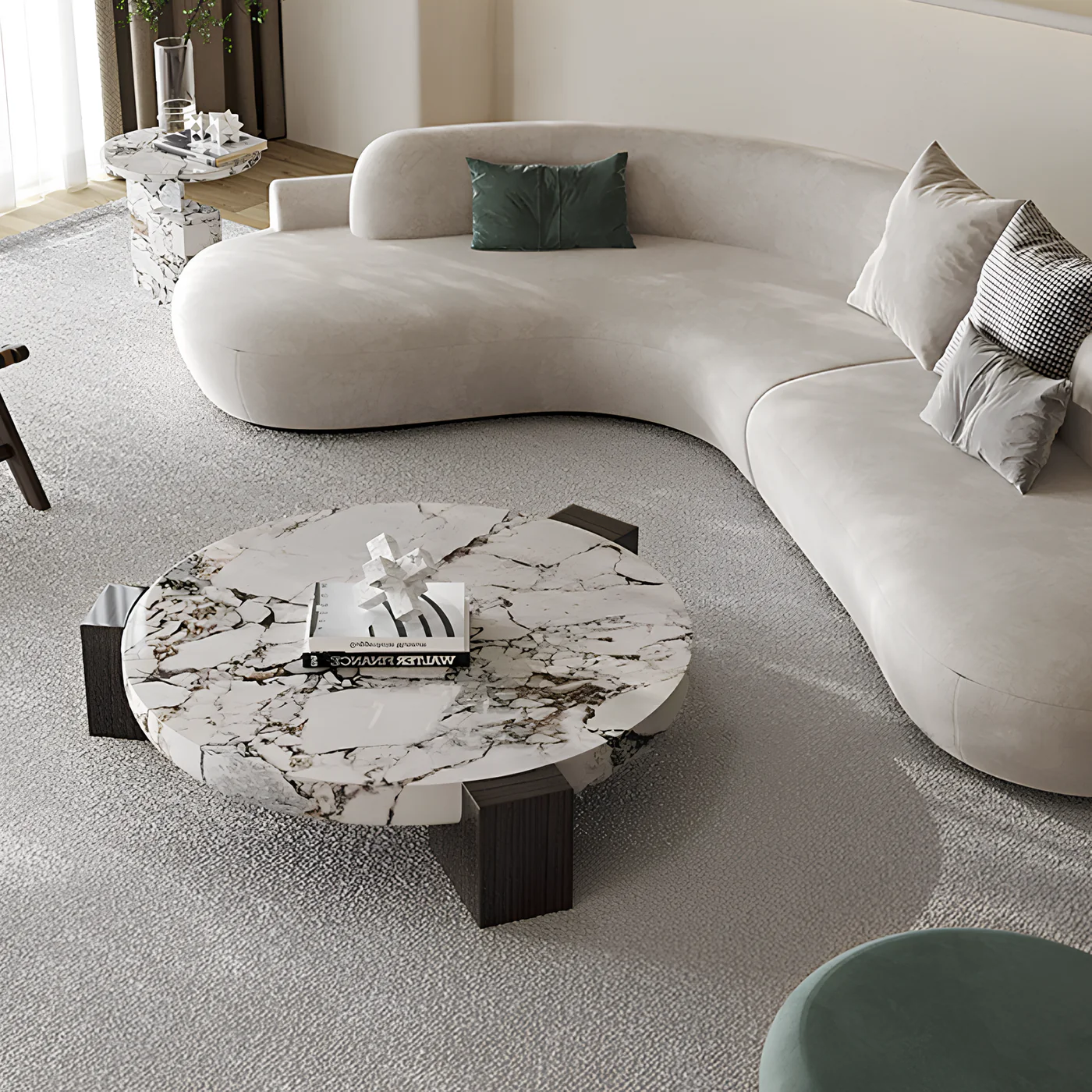 Modern Round Natural Marble Coffee Table with Solid Wood Base - Image 3