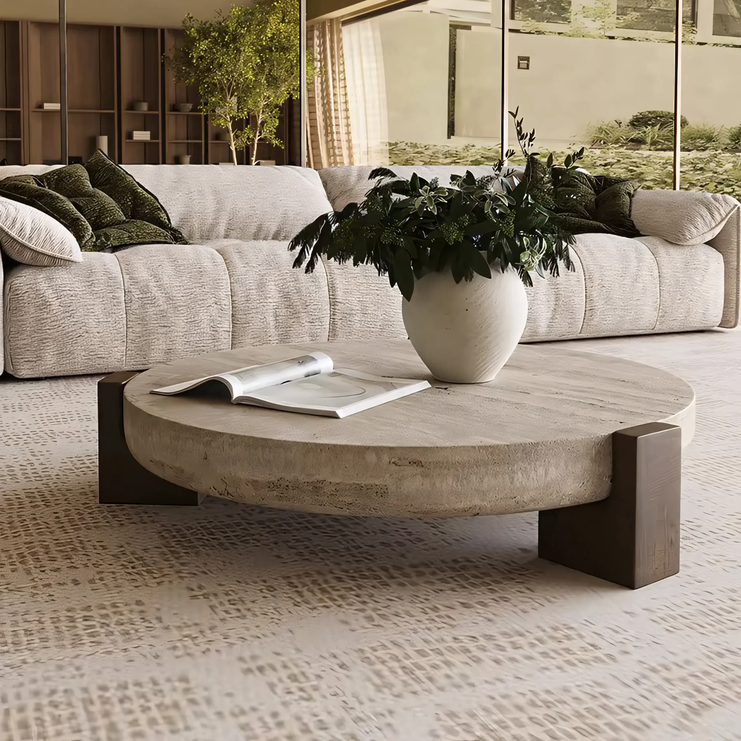 Modern Round Natural Marble Coffee Table with Solid Wood Base - Image 2
