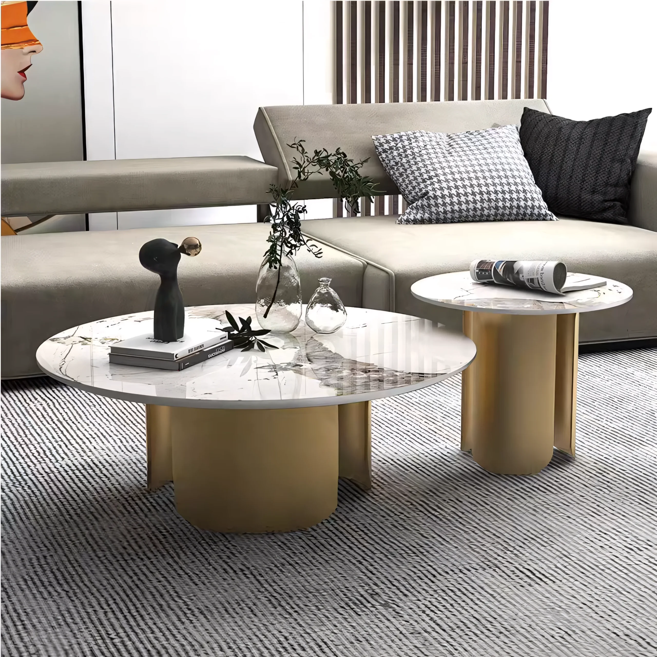 Modern Round Nesting Coffee Table Set with Natural Marble Top & Stainless Steel Base - Image 3