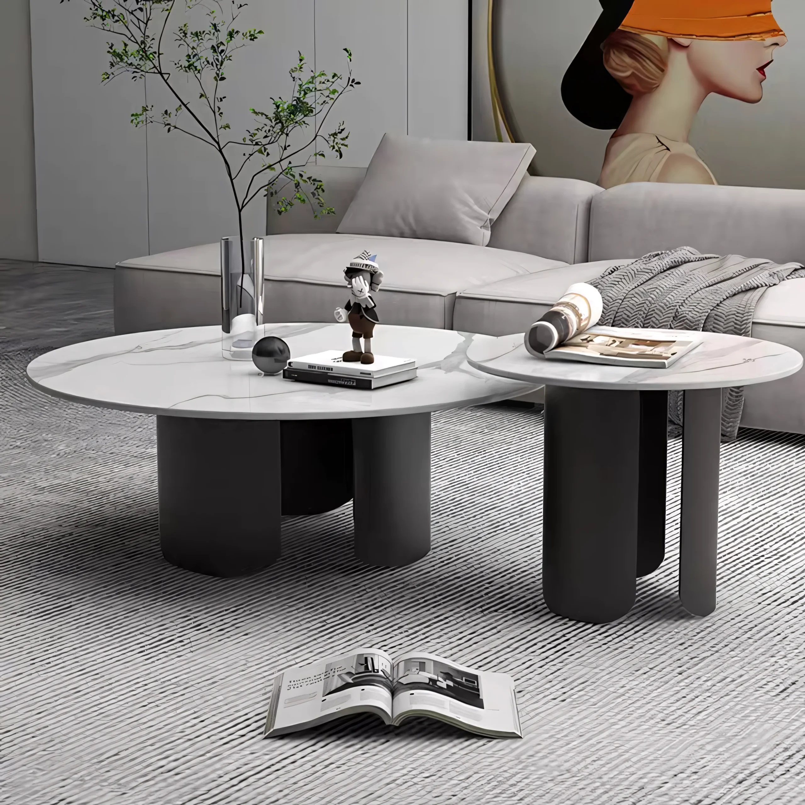 Modern Round Nesting Coffee Table Set with Natural Marble Top & Stainless Steel Base - Image 4
