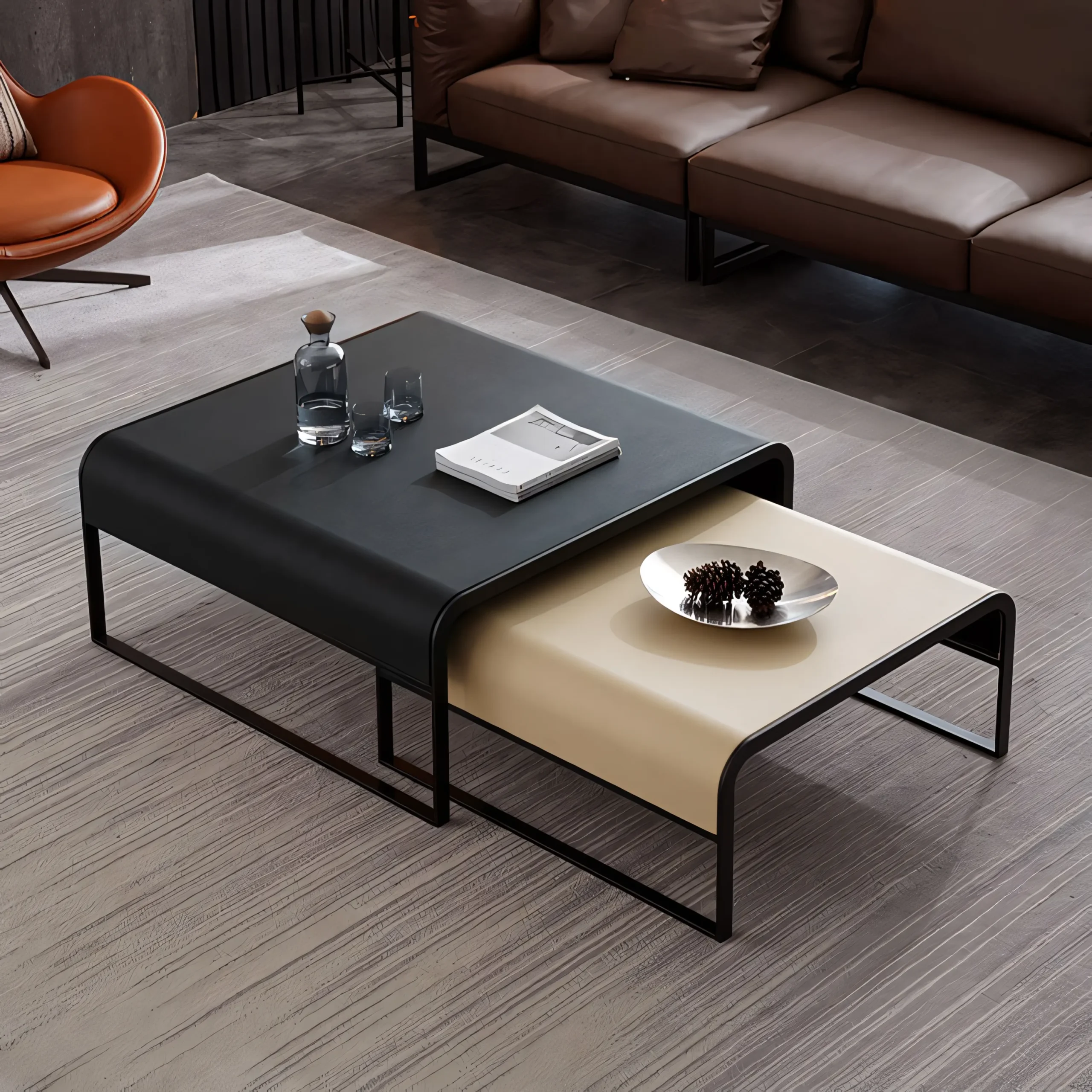 Modern Nesting Coffee Table Set - Square Microfiber Leather Surface with Black Steel Base - Image 2