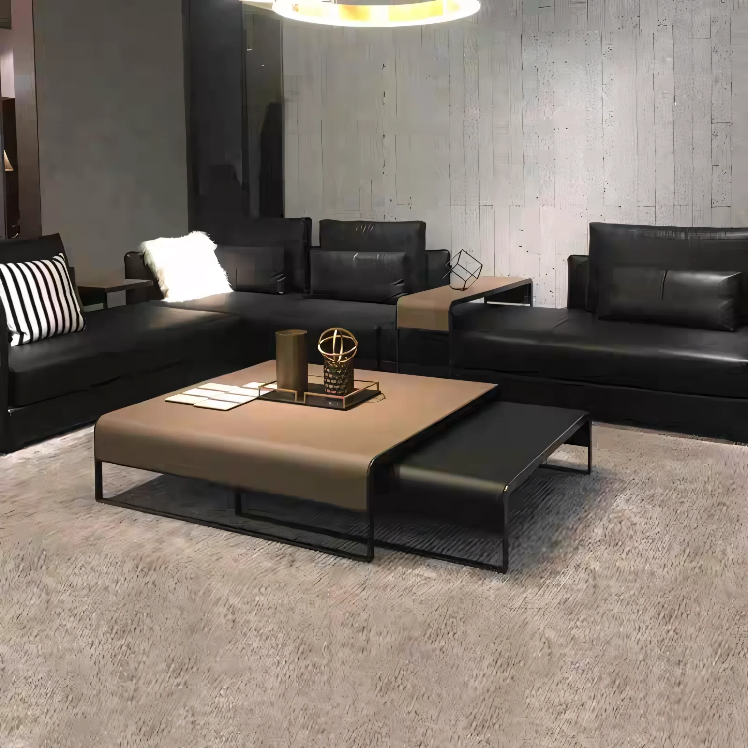 Modern Nesting Coffee Table Set - Square Microfiber Leather Surface with Black Steel Base - Image 3