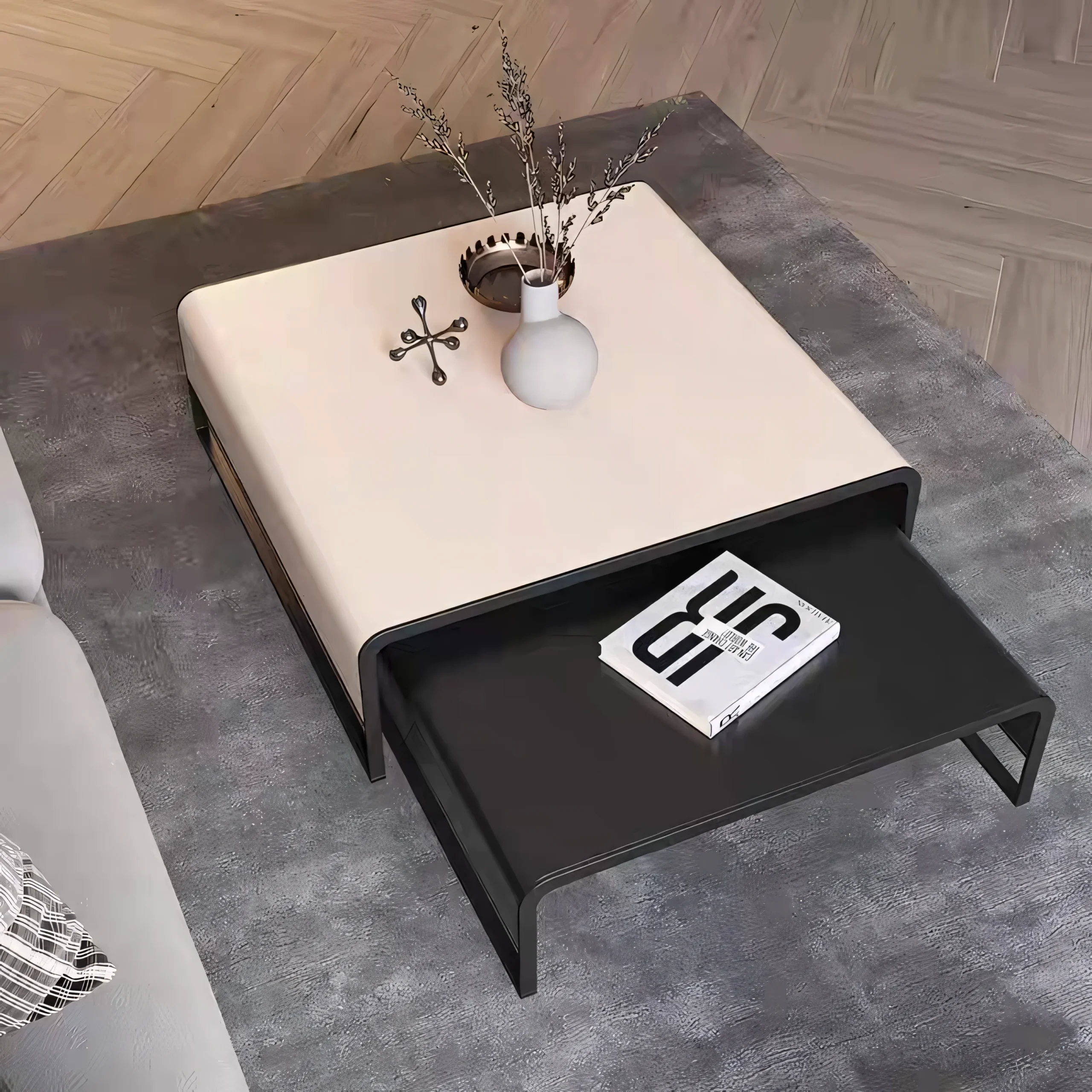 Modern Nesting Coffee Table Set - Square Microfiber Leather Surface with Black Steel Base - Image 5