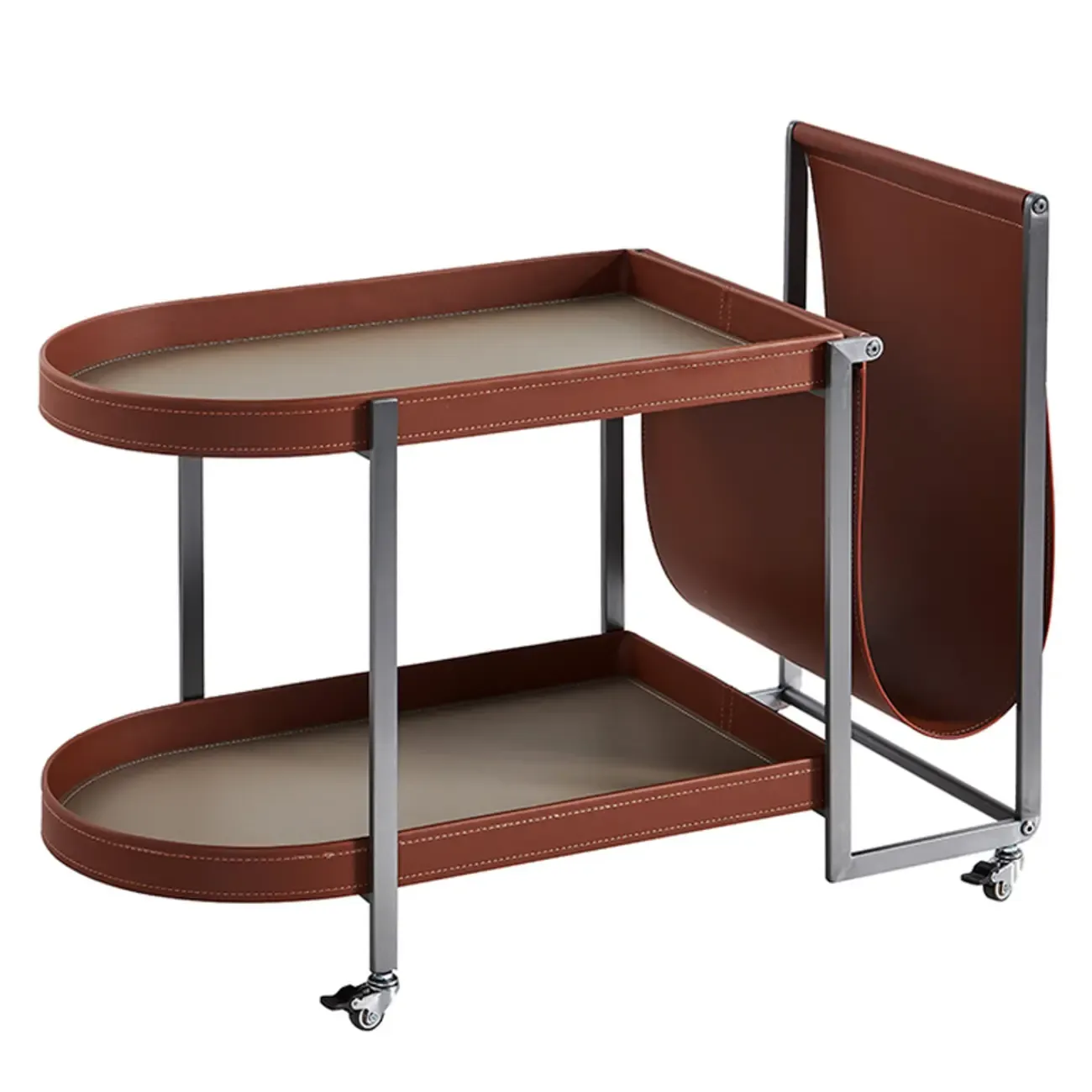 Modern Saddle Leather Mobile Side Table & Bar Cart with Magazine Holder - Image 6