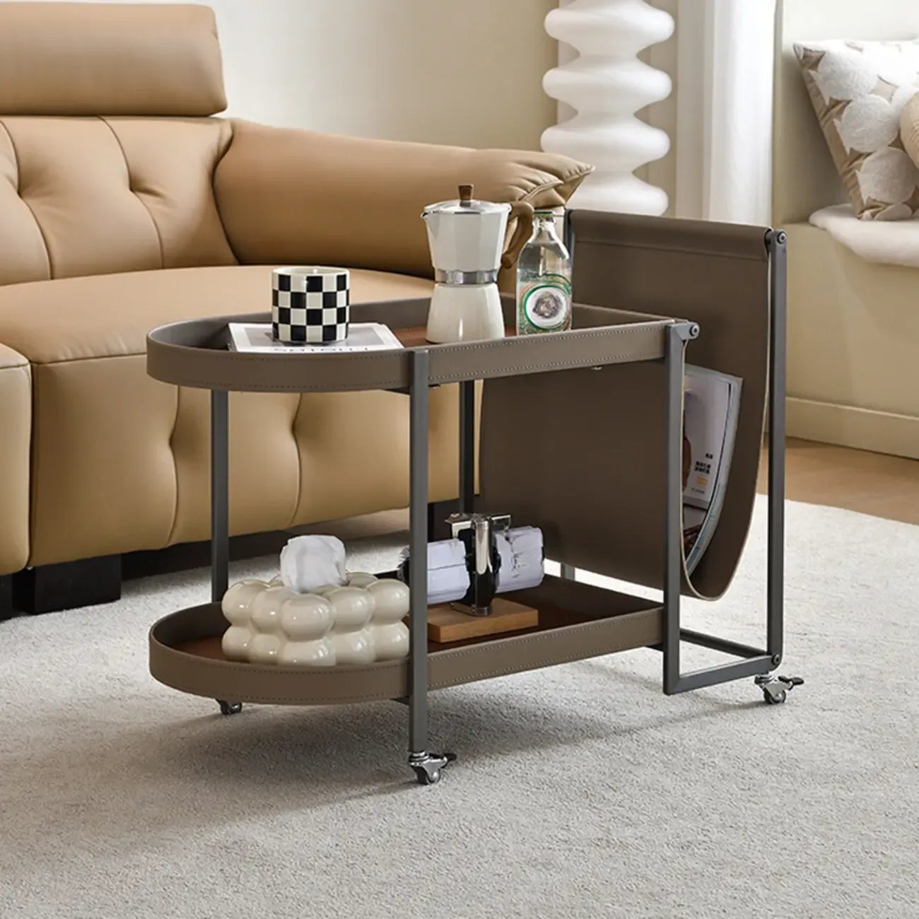 Modern Saddle Leather Mobile Side Table & Bar Cart with Magazine Holder - Image 5