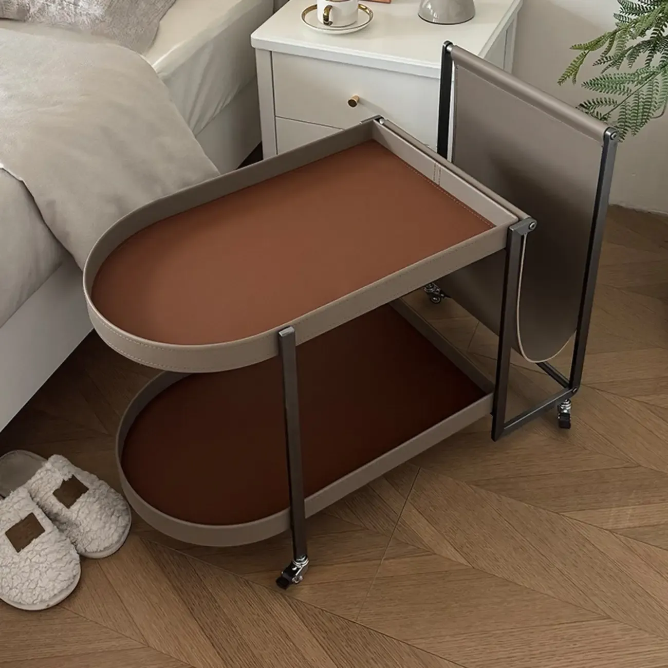 Modern Saddle Leather Mobile Side Table & Bar Cart with Magazine Holder - Image 4
