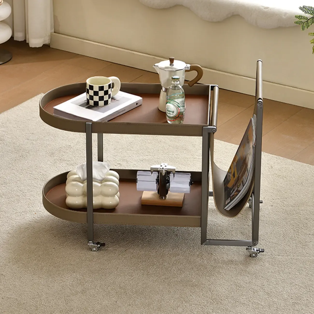 Modern Saddle Leather Mobile Side Table & Bar Cart with Magazine Holder - Image 3