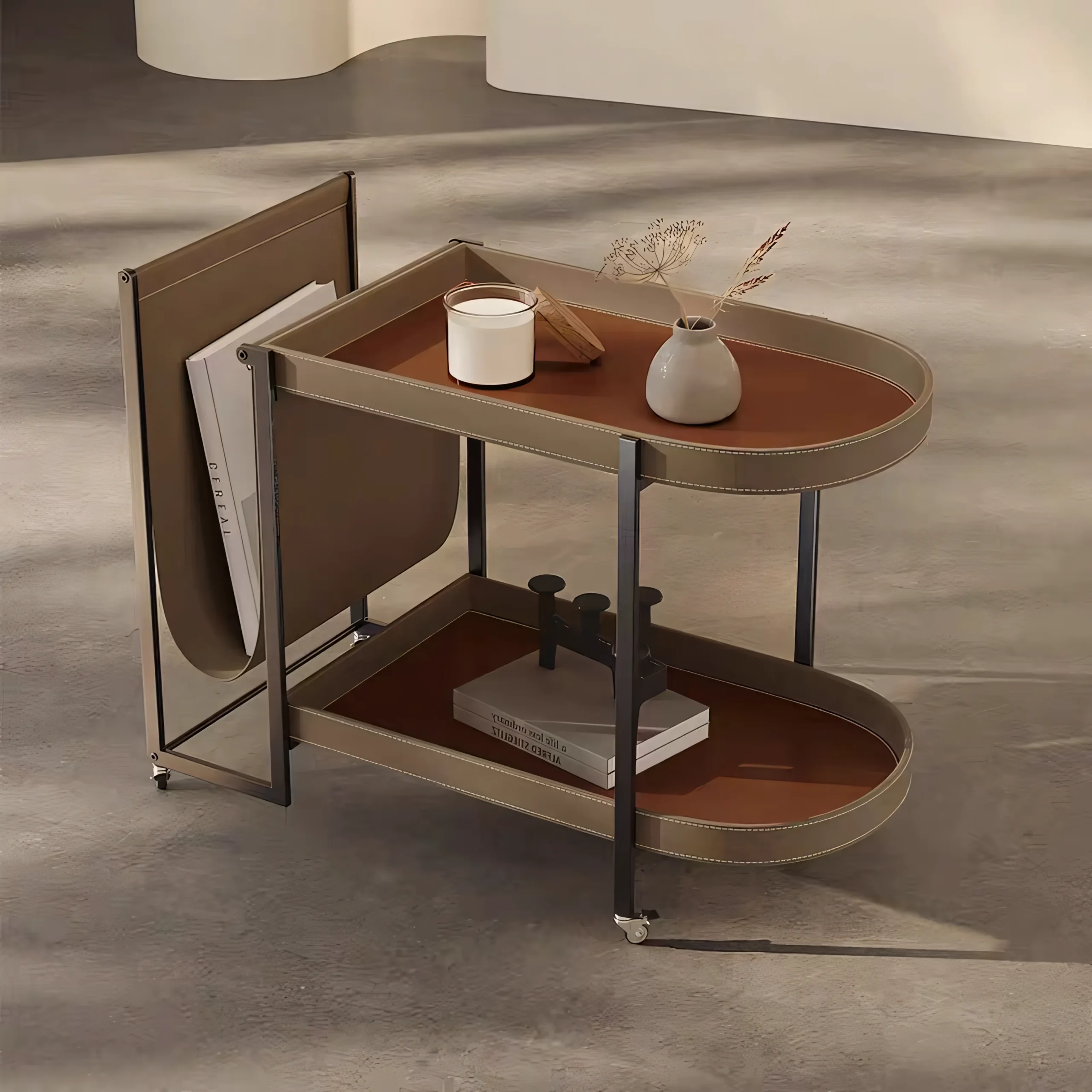 Modern Saddle Leather Mobile Side Table & Bar Cart with Magazine Holder - Image 2