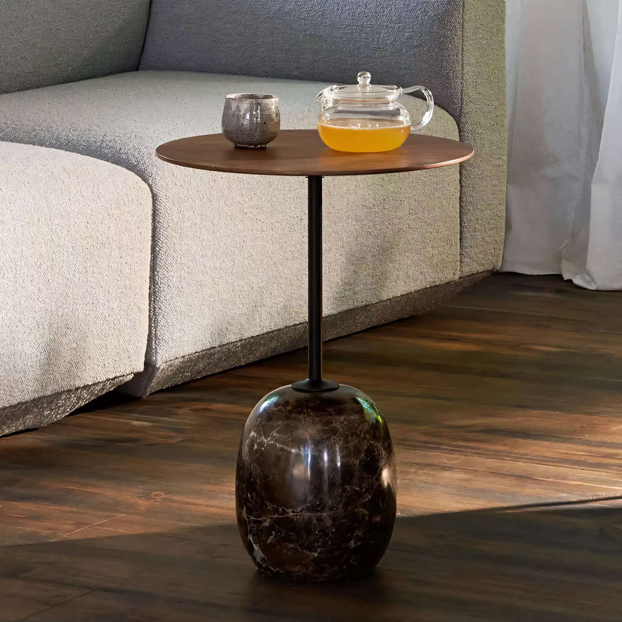 Modern Round Side Table with Solid Marble Base & Walnut Wood - Image 3