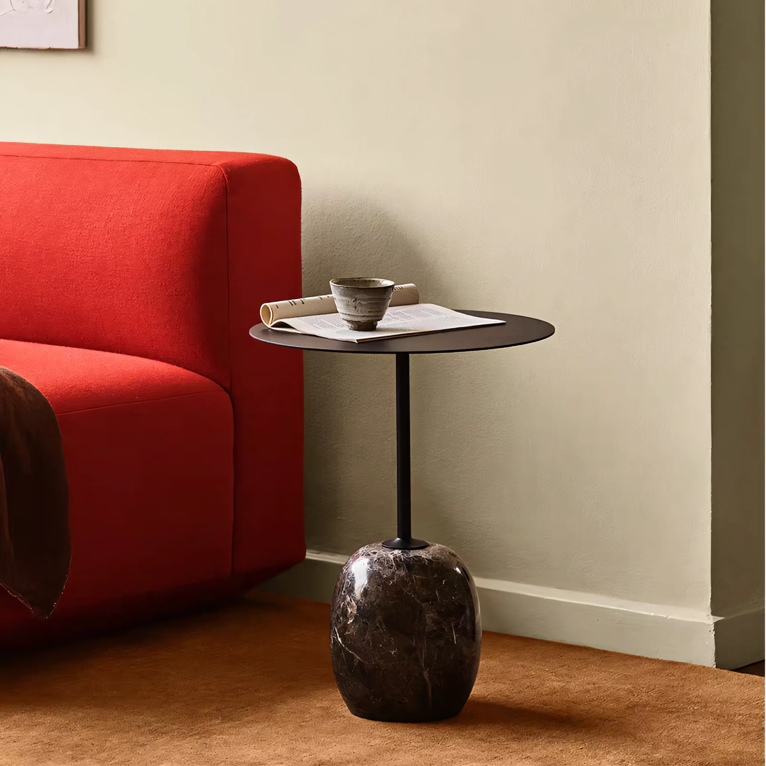 Modern Round Side Table with Solid Marble Base & Walnut Wood - Image 5