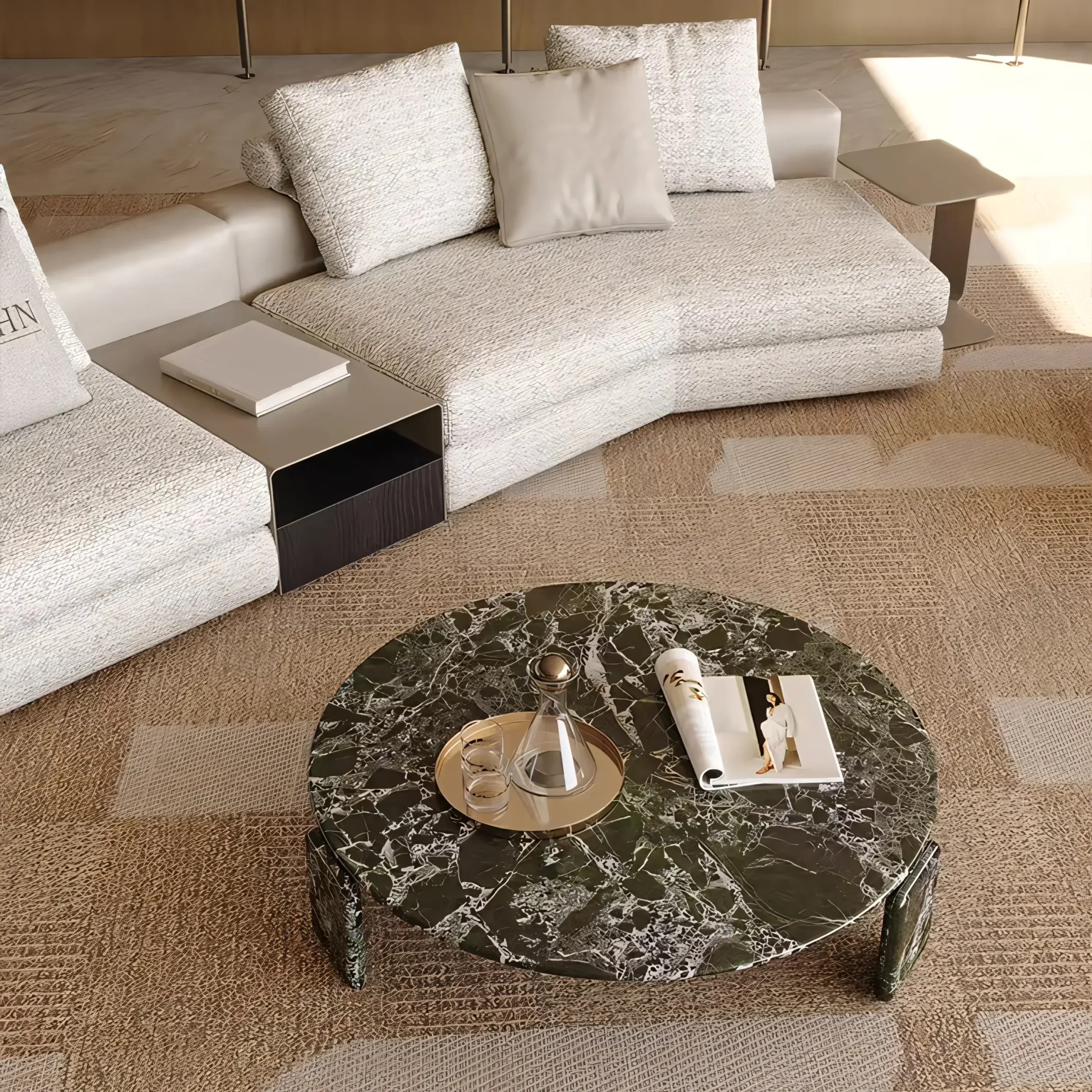 Verde Alpi Natural Marble Round Coffee Table - Low Profile - Image 2