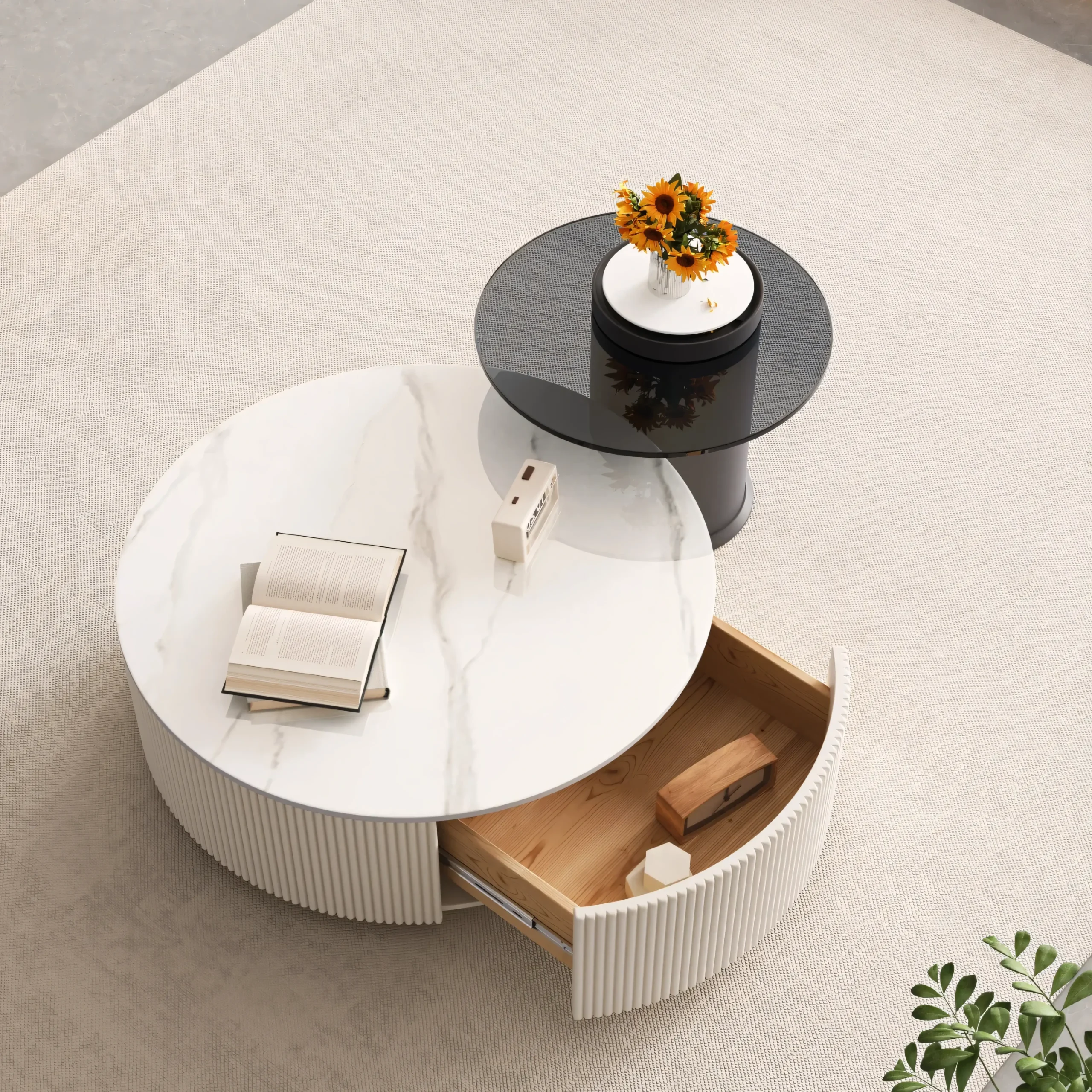 Modern Nesting Coffee Table Set with Sintered Stone Top & Fluted Drum Base - 2-Piece Round Center Table with Storage - Image 3