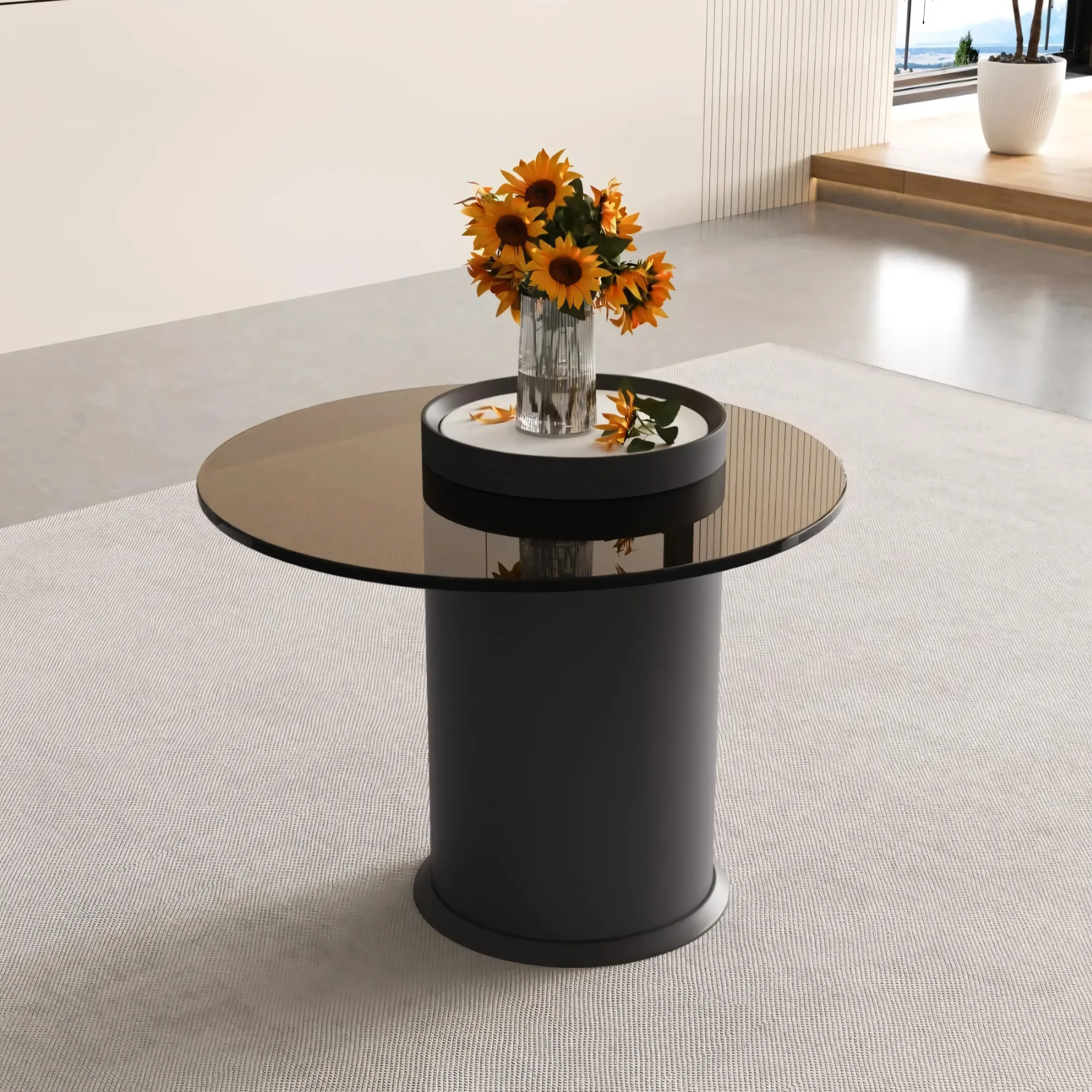 Modern Nesting Coffee Table Set with Sintered Stone Top & Fluted Drum Base - 2-Piece Round Center Table with Storage - Image 4