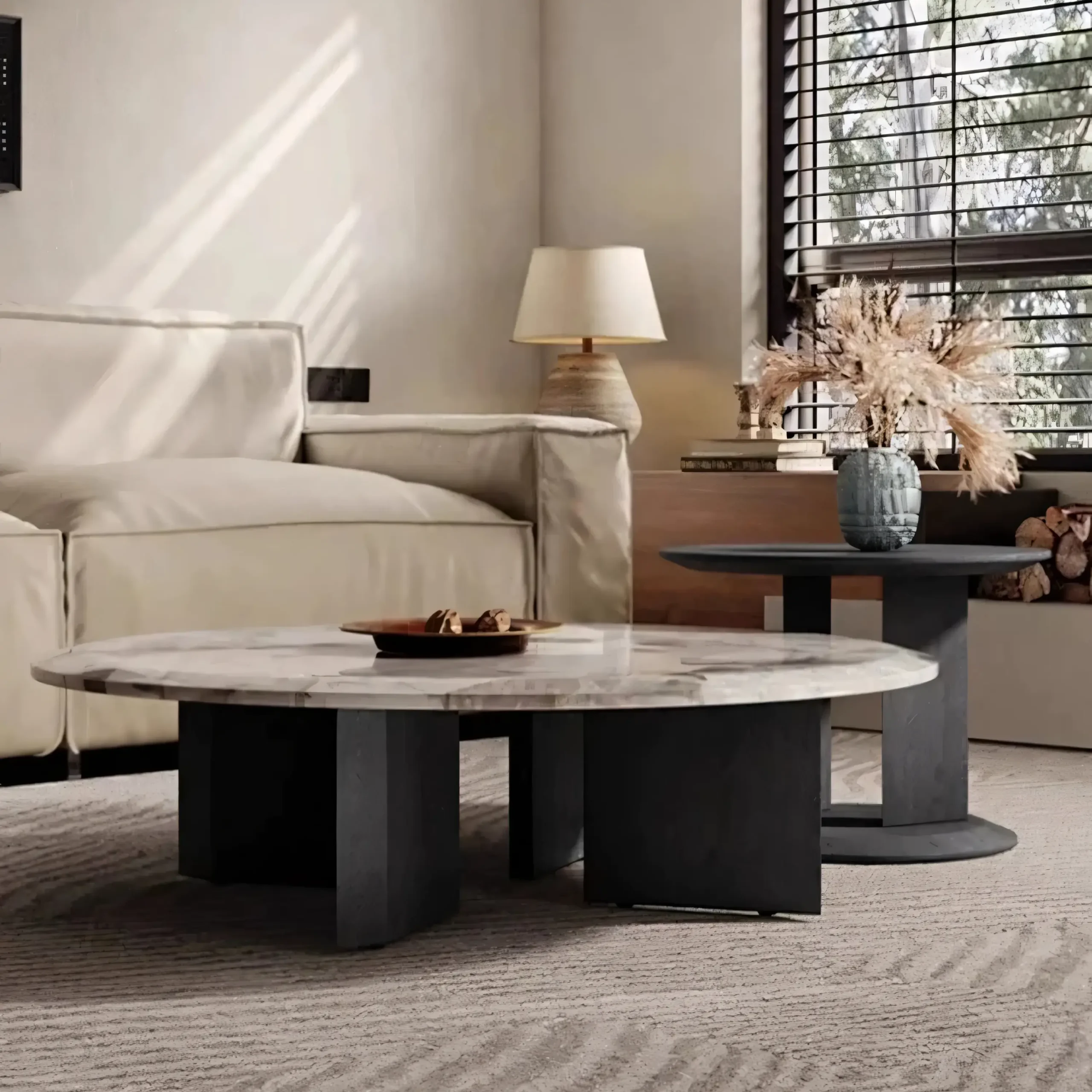 Modern Nesting Coffee Table Set (2-Piece) – Natural Marble Top & Black Oak Veneer Base – Low Profile Center Table - Image 2