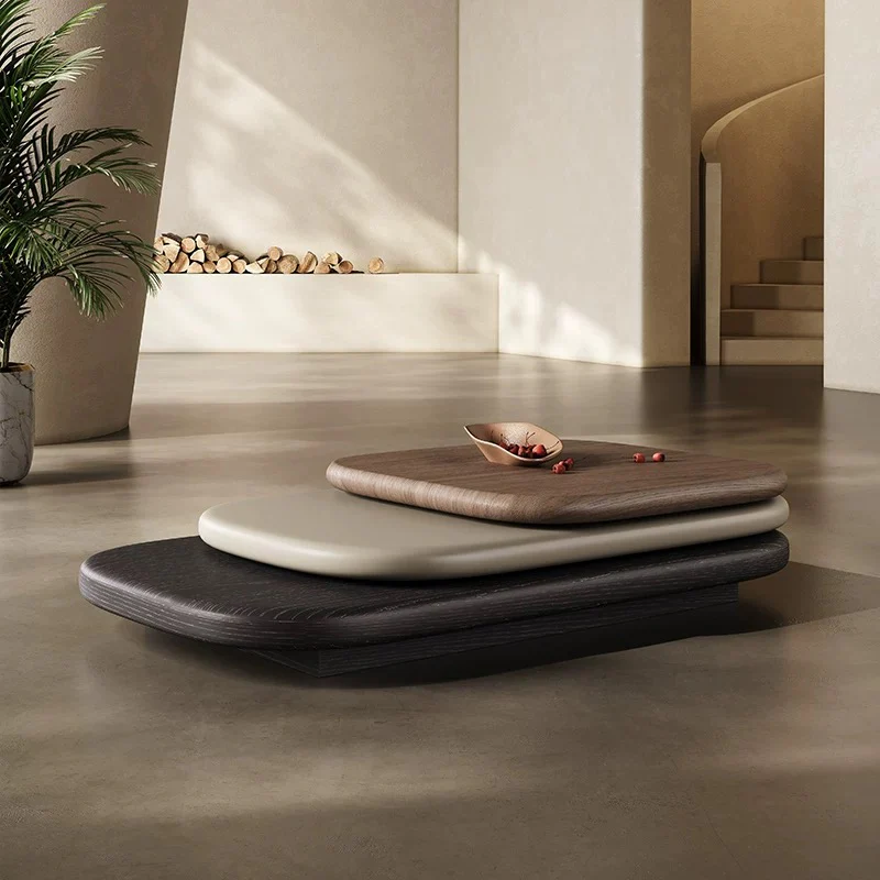 Organic Pebble Shape Nested Coffee Table, 3-Tier Layered Wood Veneer Low Center Table - Image 4