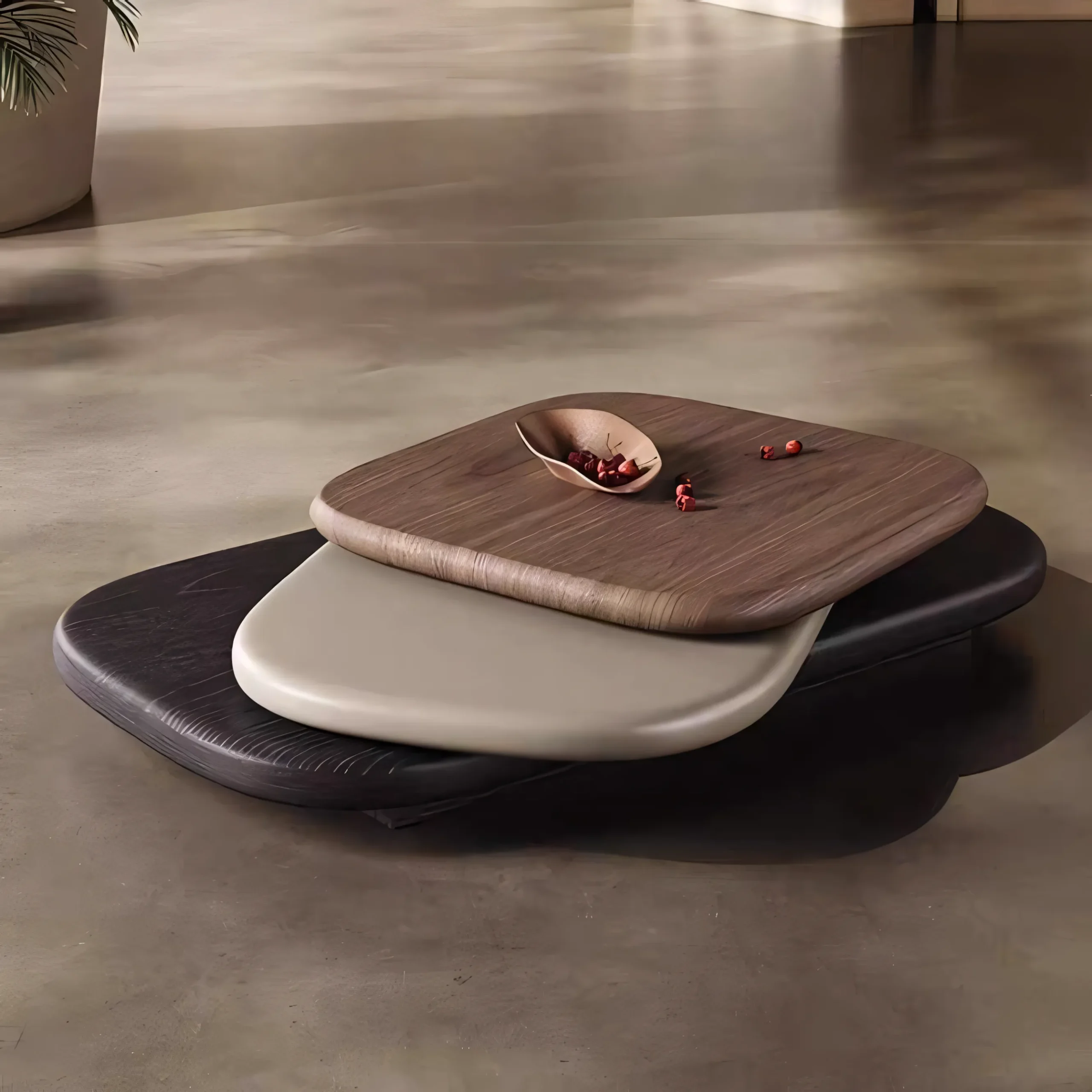 Organic Pebble Shape Nested Coffee Table, 3-Tier Layered Wood Veneer Low Center Table