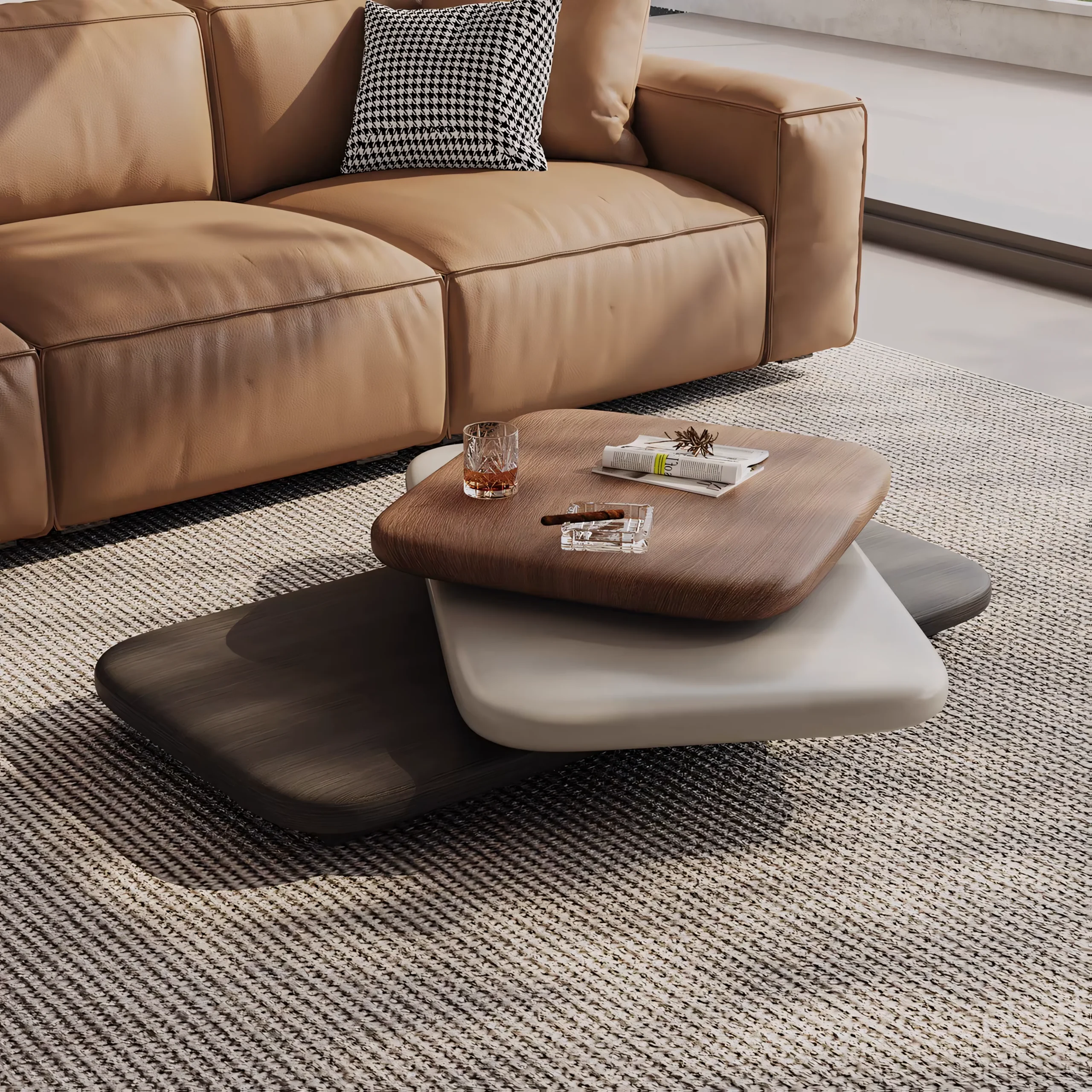 Organic Pebble Shape Nested Coffee Table, 3-Tier Layered Wood Veneer Low Center Table - Image 6