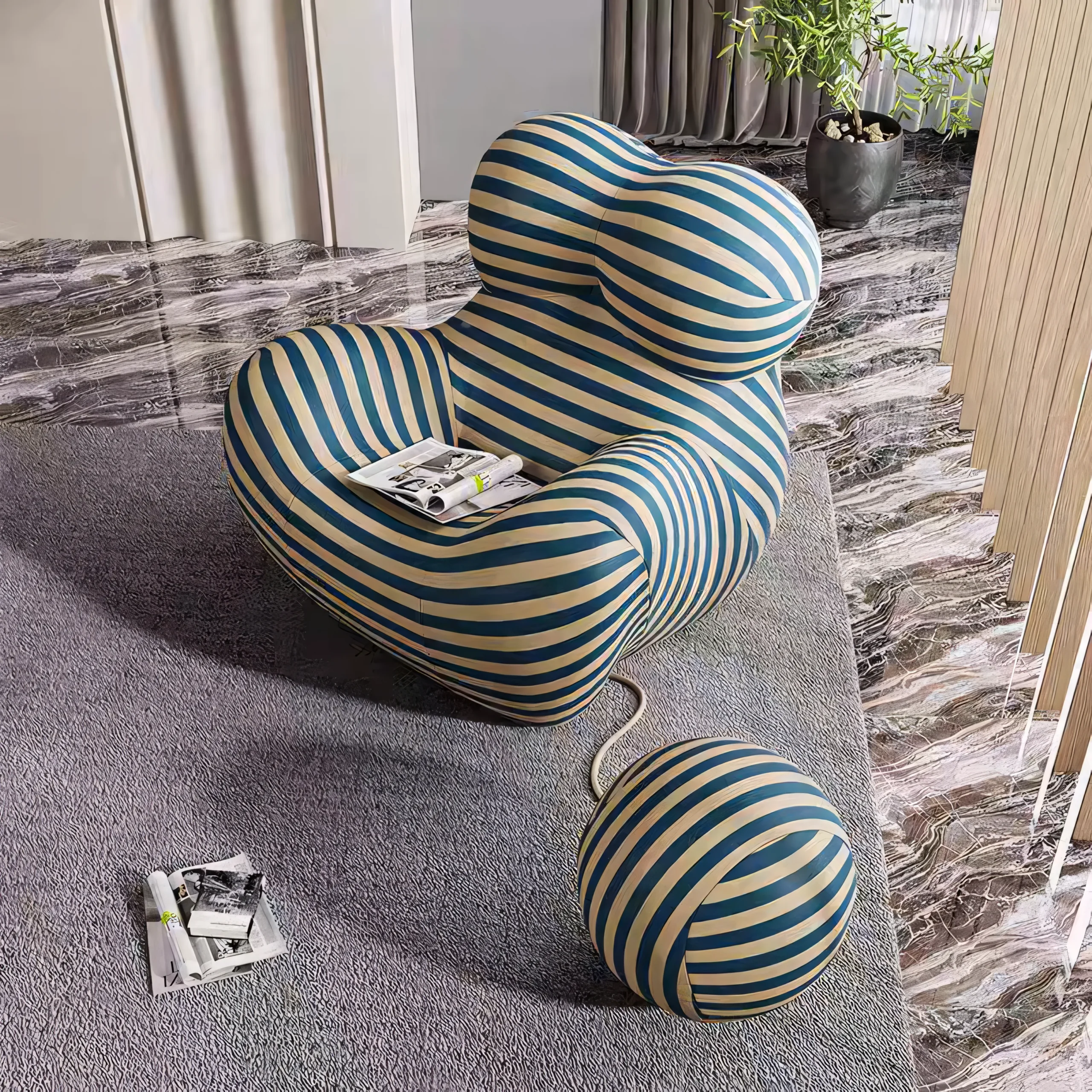 Modern Striped Jersey Fabric Lounge Chair with Spherical Ottoman - Image 2