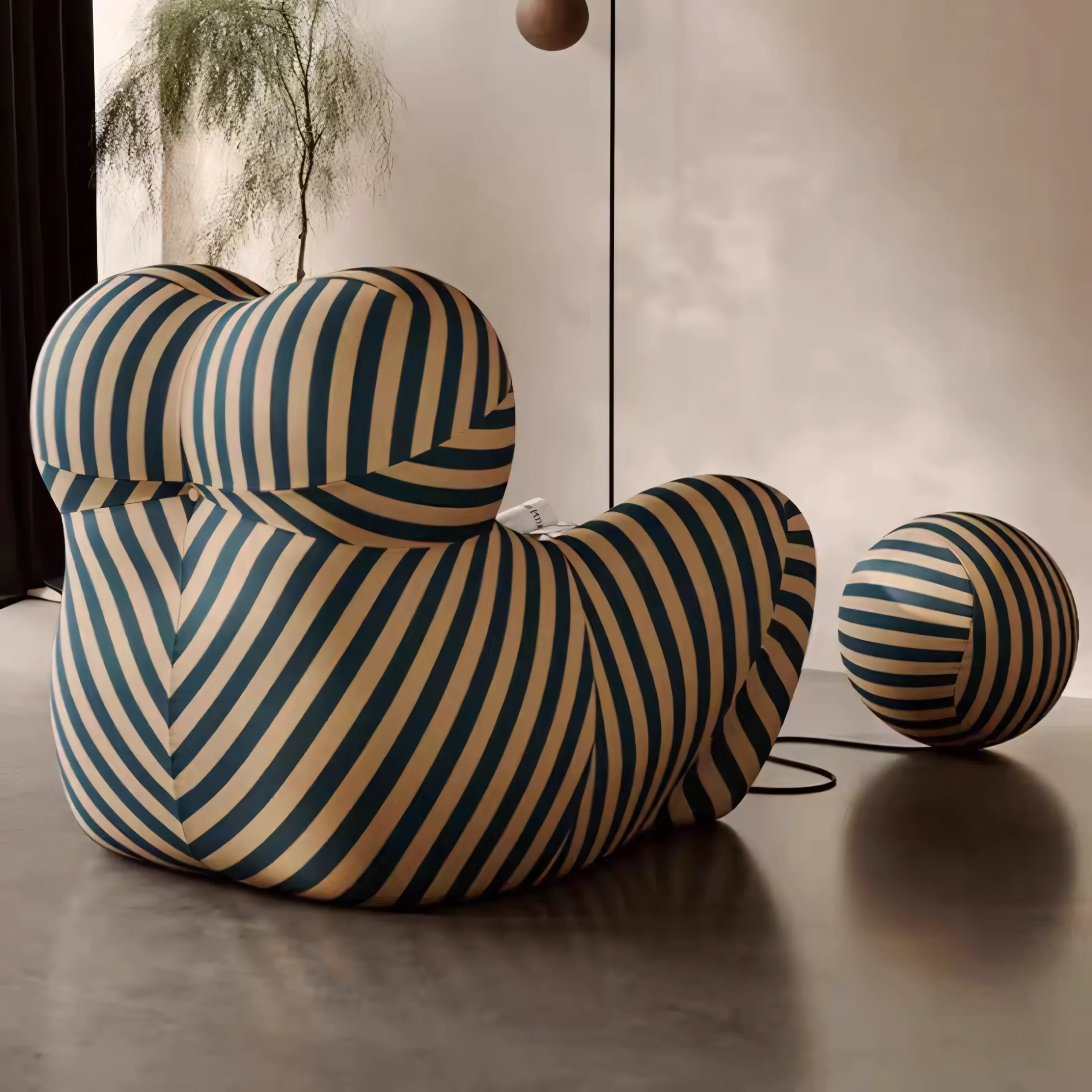 Modern Striped Jersey Fabric Lounge Chair with Spherical Ottoman - Image 3