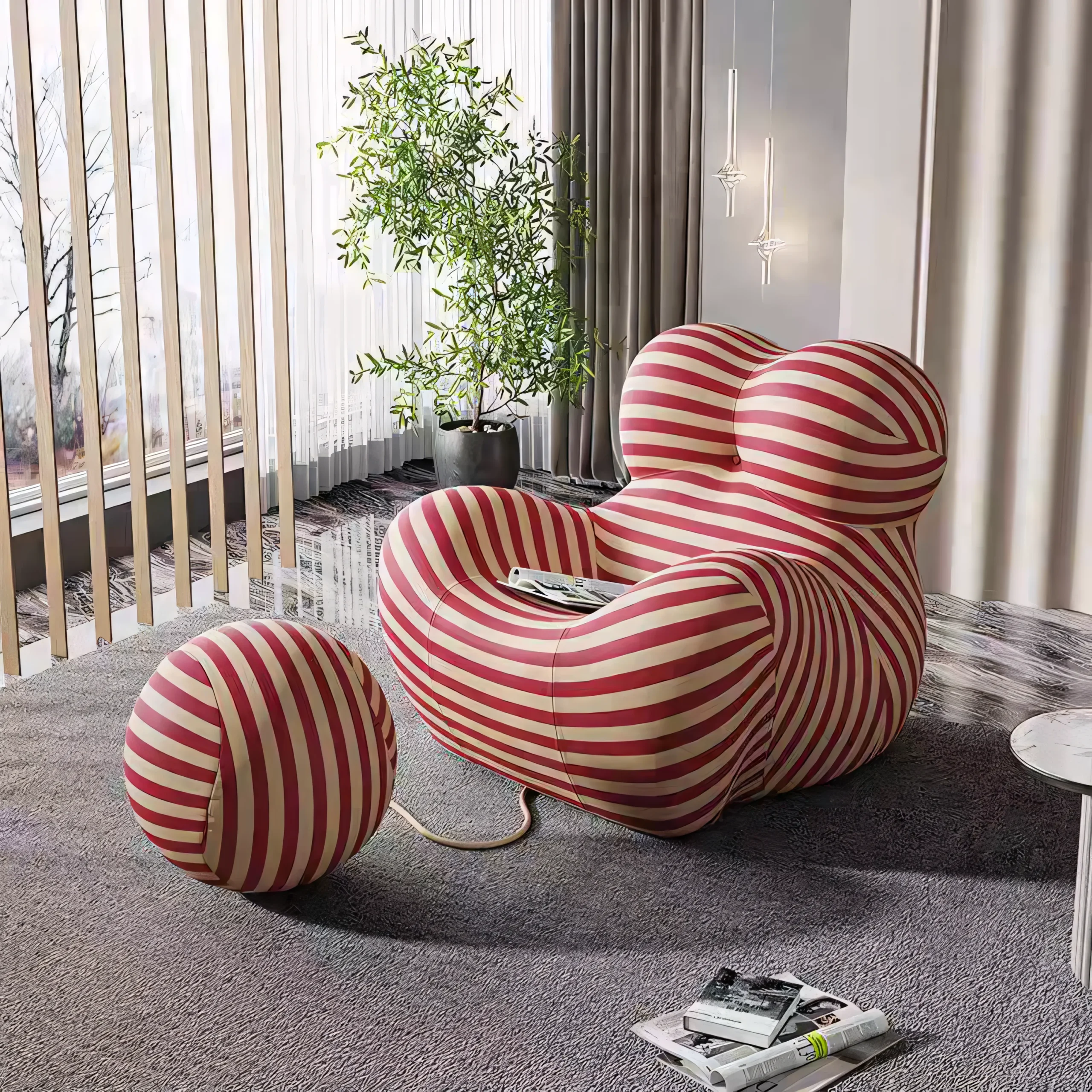 Modern Striped Jersey Fabric Lounge Chair with Spherical Ottoman - Image 4