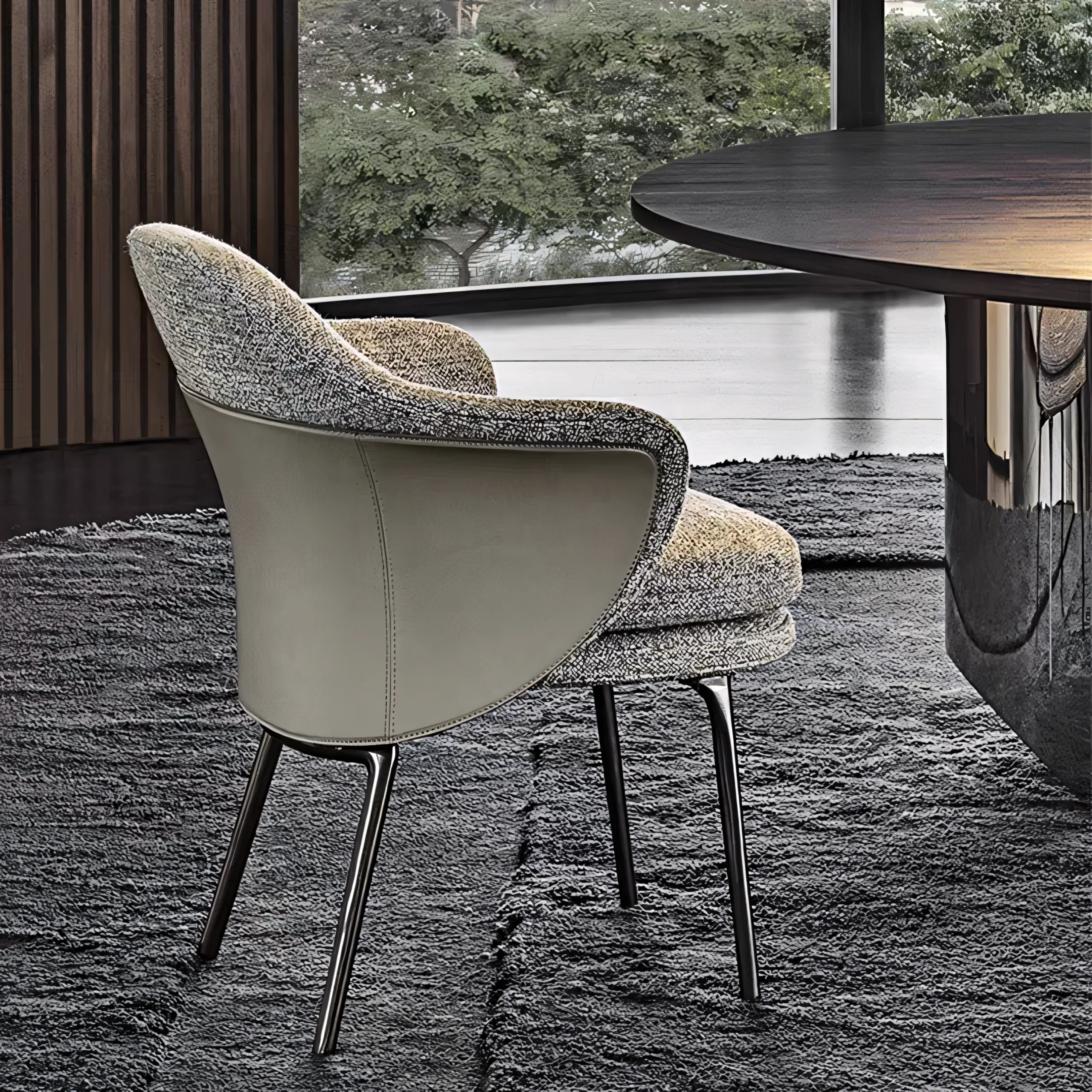 Modern Saddle Leather Shell Dining Chair with Fabric Cushion & Metal Legs - Image 6