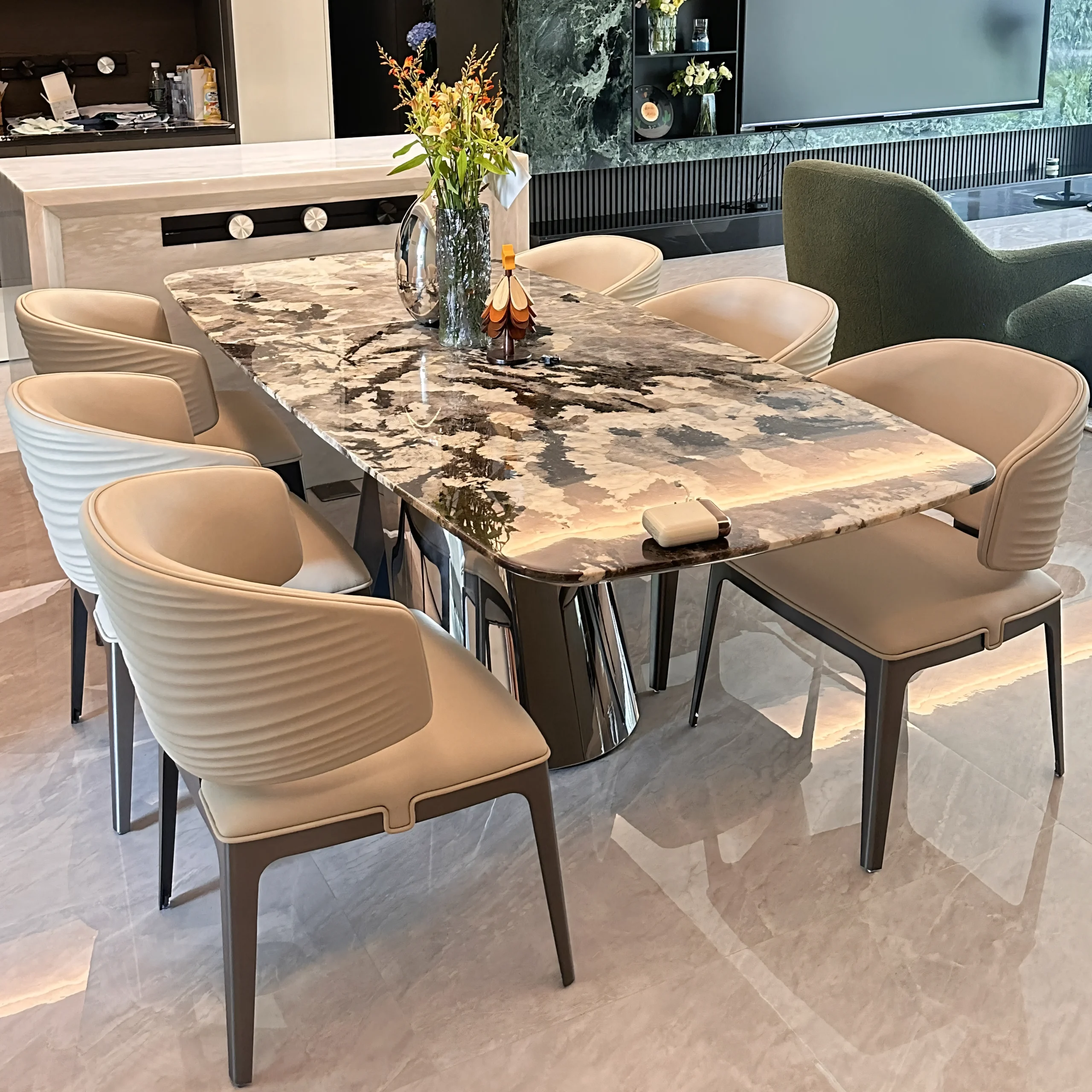 Modern Luxury Ruched Back Dining Chair with Gold Stainless Steel Base - Image 2