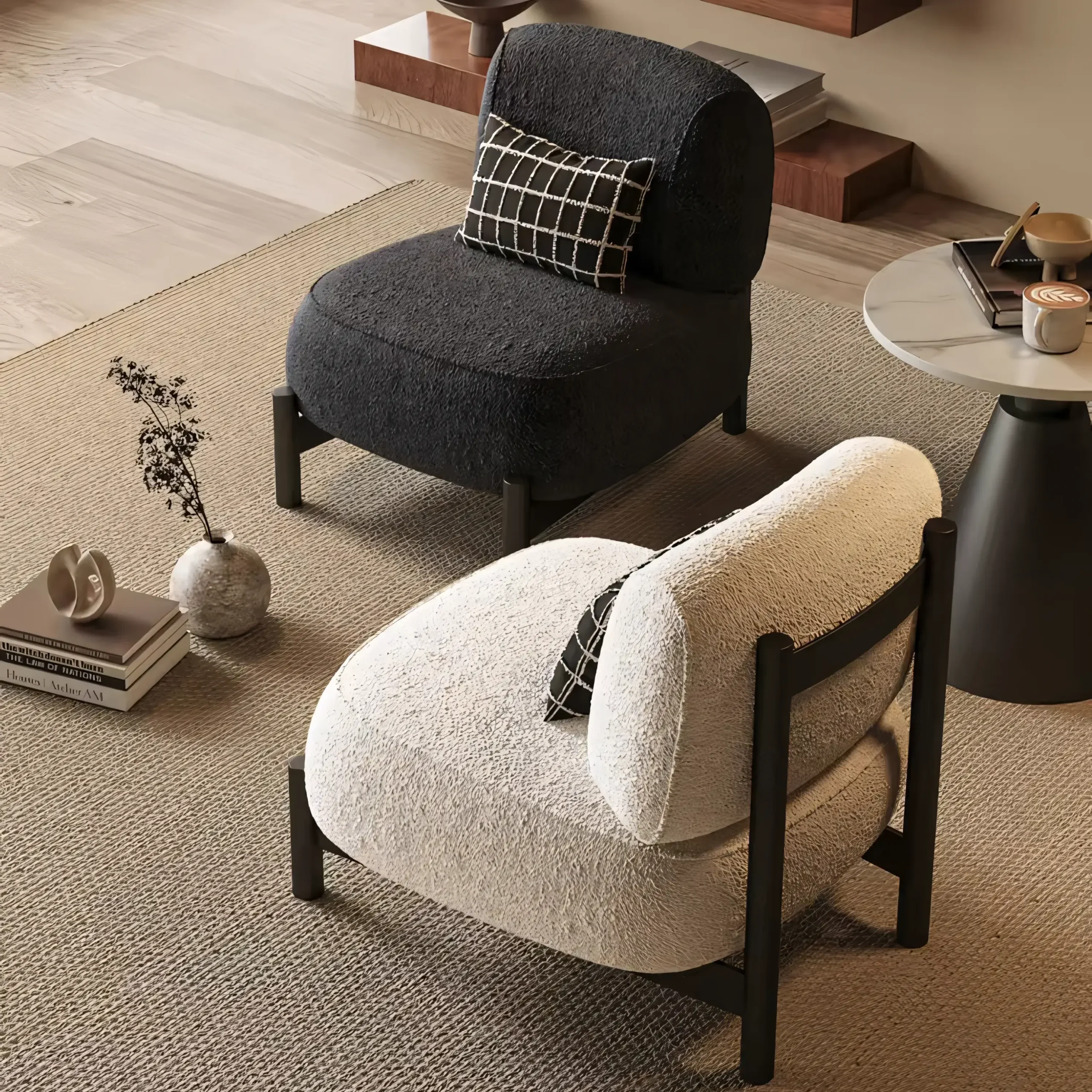 Minimalist Sculptural Accent Chair | Cream White & Charcoal Teddy Fabric - Image 2