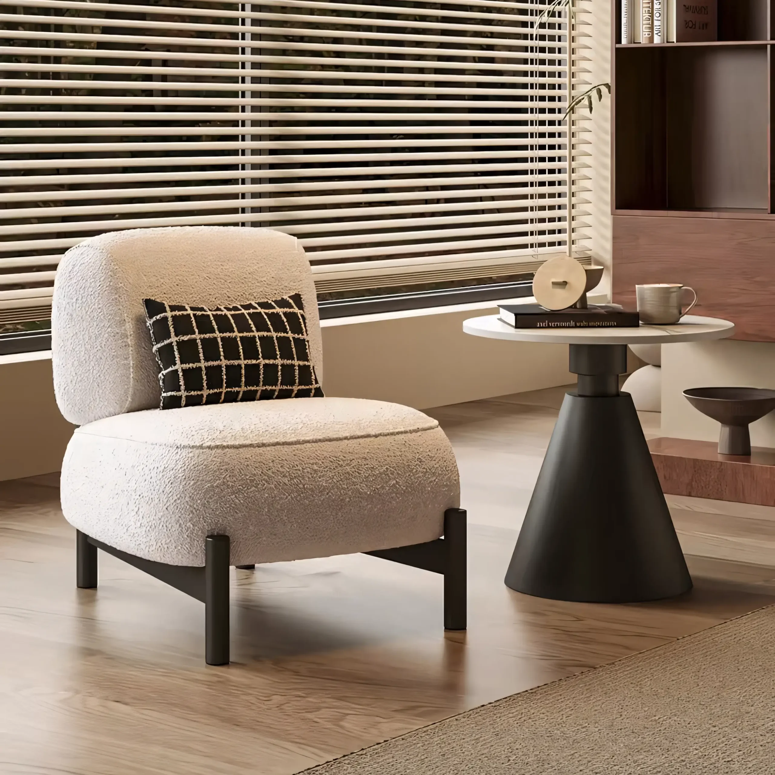 Minimalist Sculptural Accent Chair | Cream White & Charcoal Teddy Fabric - Image 3