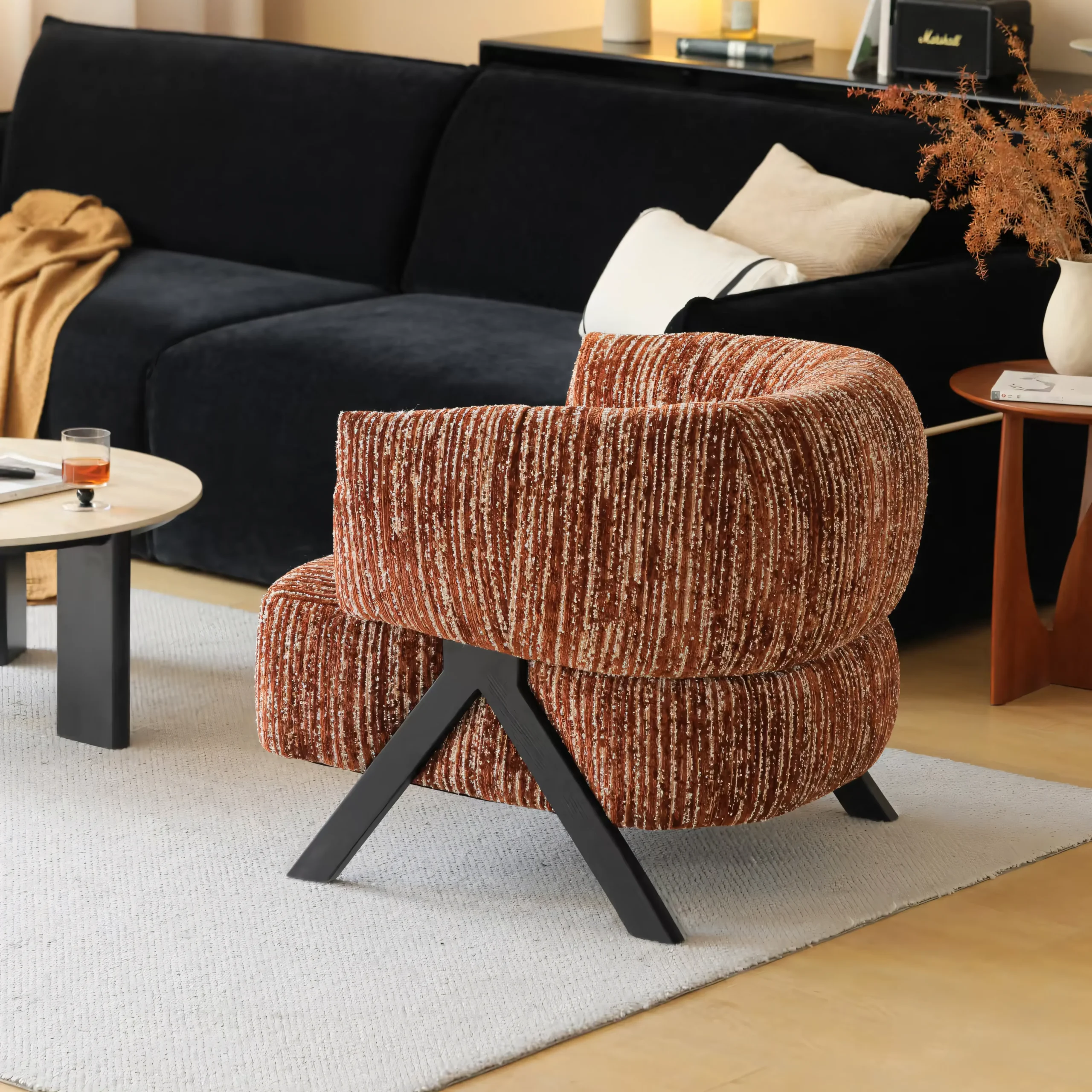 Modern Chenille Accent Chair with Architectural Compass Legs - Image 2