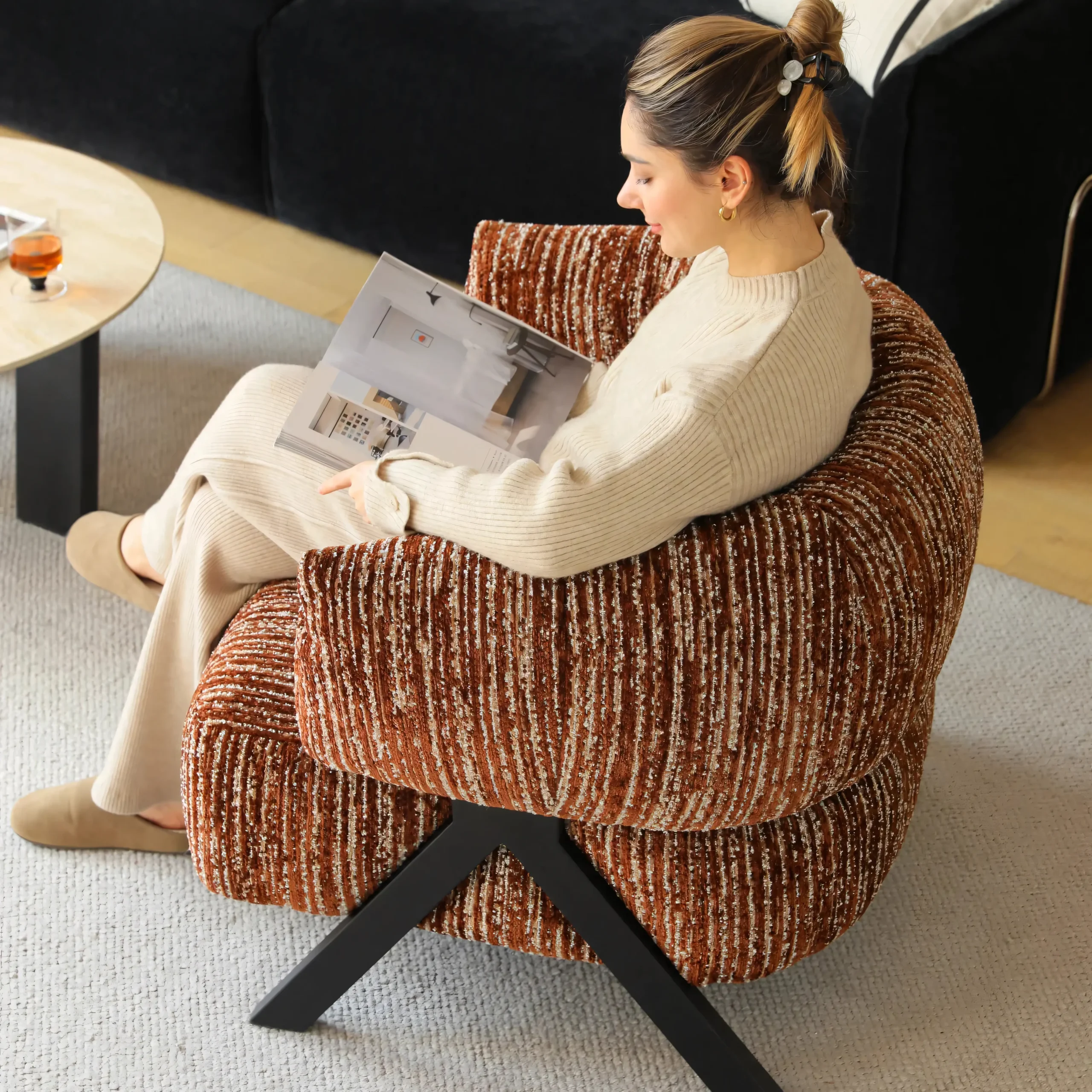 Modern Chenille Accent Chair with Architectural Compass Legs - Image 3