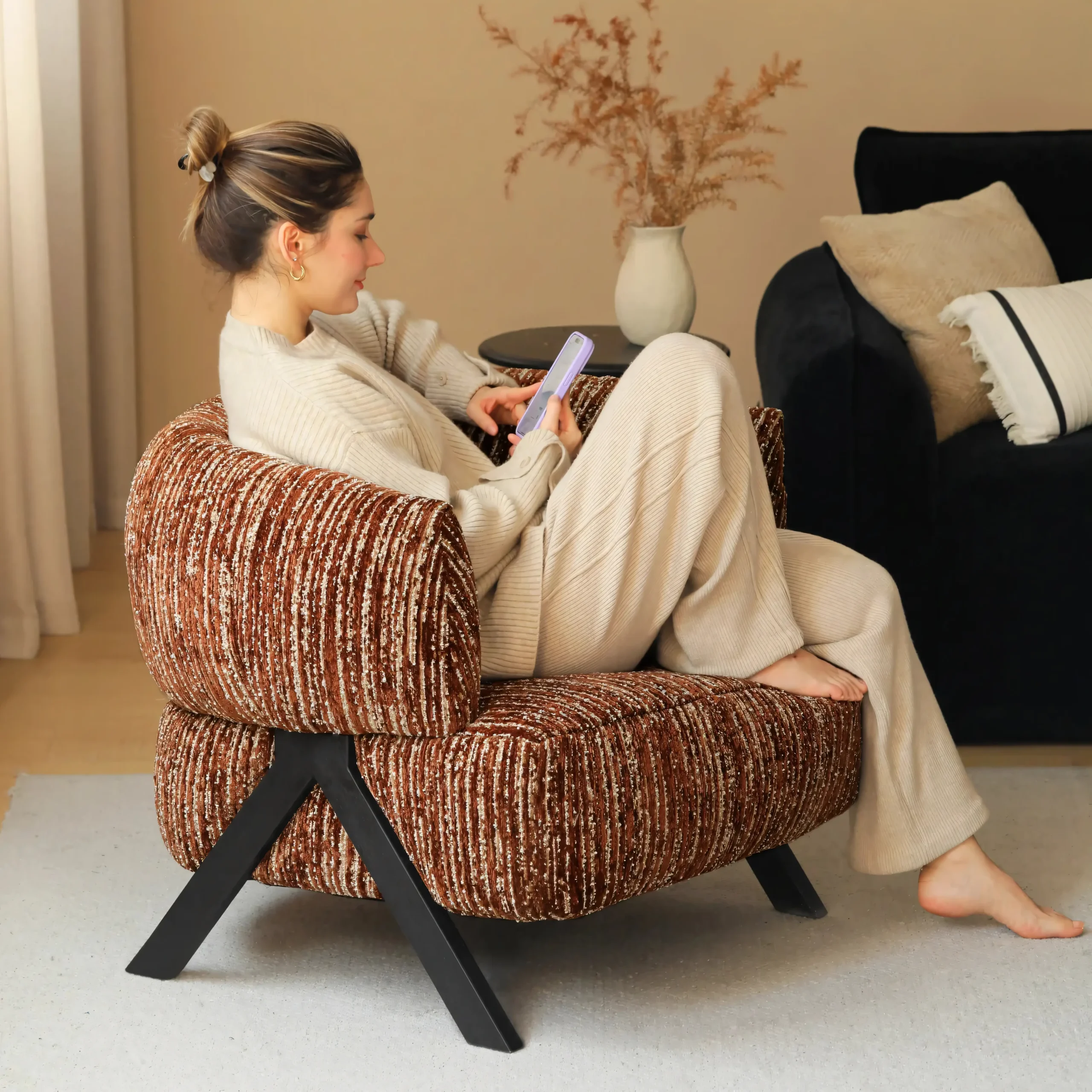 Modern Chenille Accent Chair with Architectural Compass Legs - Image 4