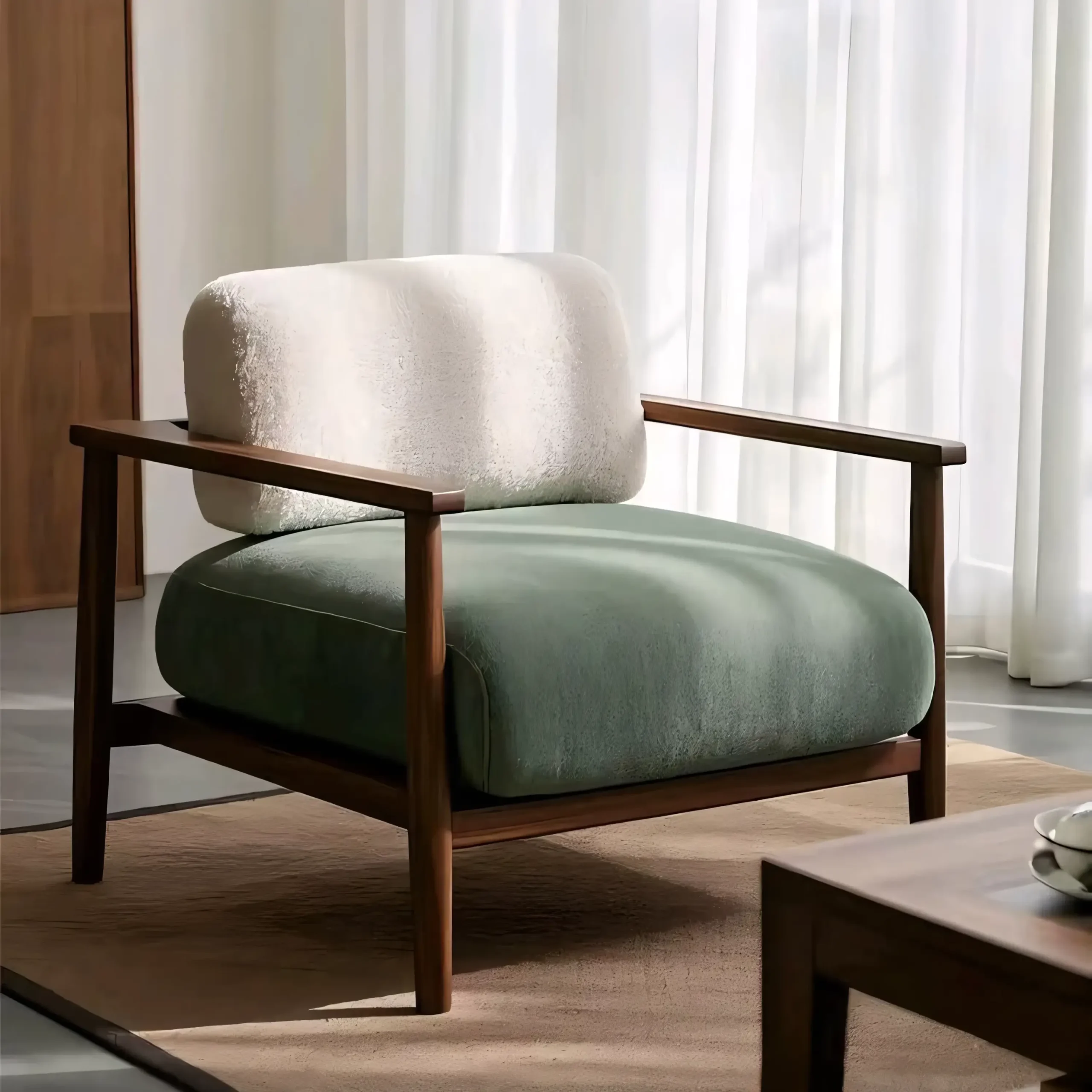 Japandi Solid Ash Wood Lounge Chair - Bouclé & Velvet Mixed Upholstery Accent Armchair - Image 2