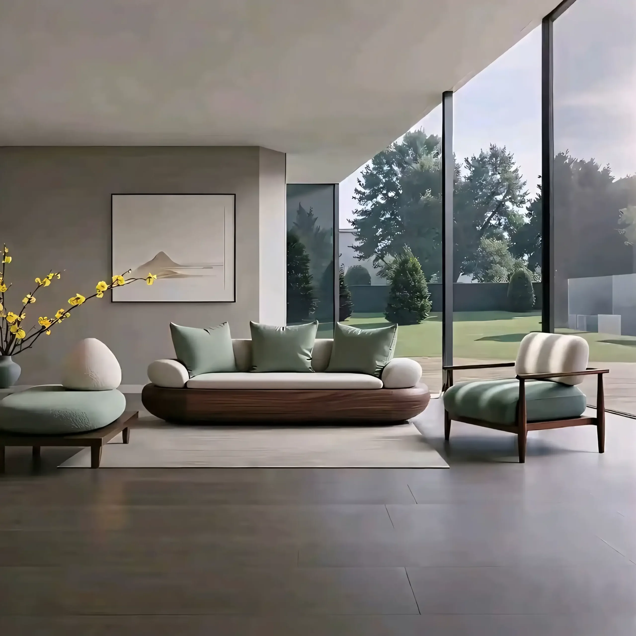 Japandi Solid Ash Wood Lounge Chair - Bouclé & Velvet Mixed Upholstery Accent Armchair - Image 3