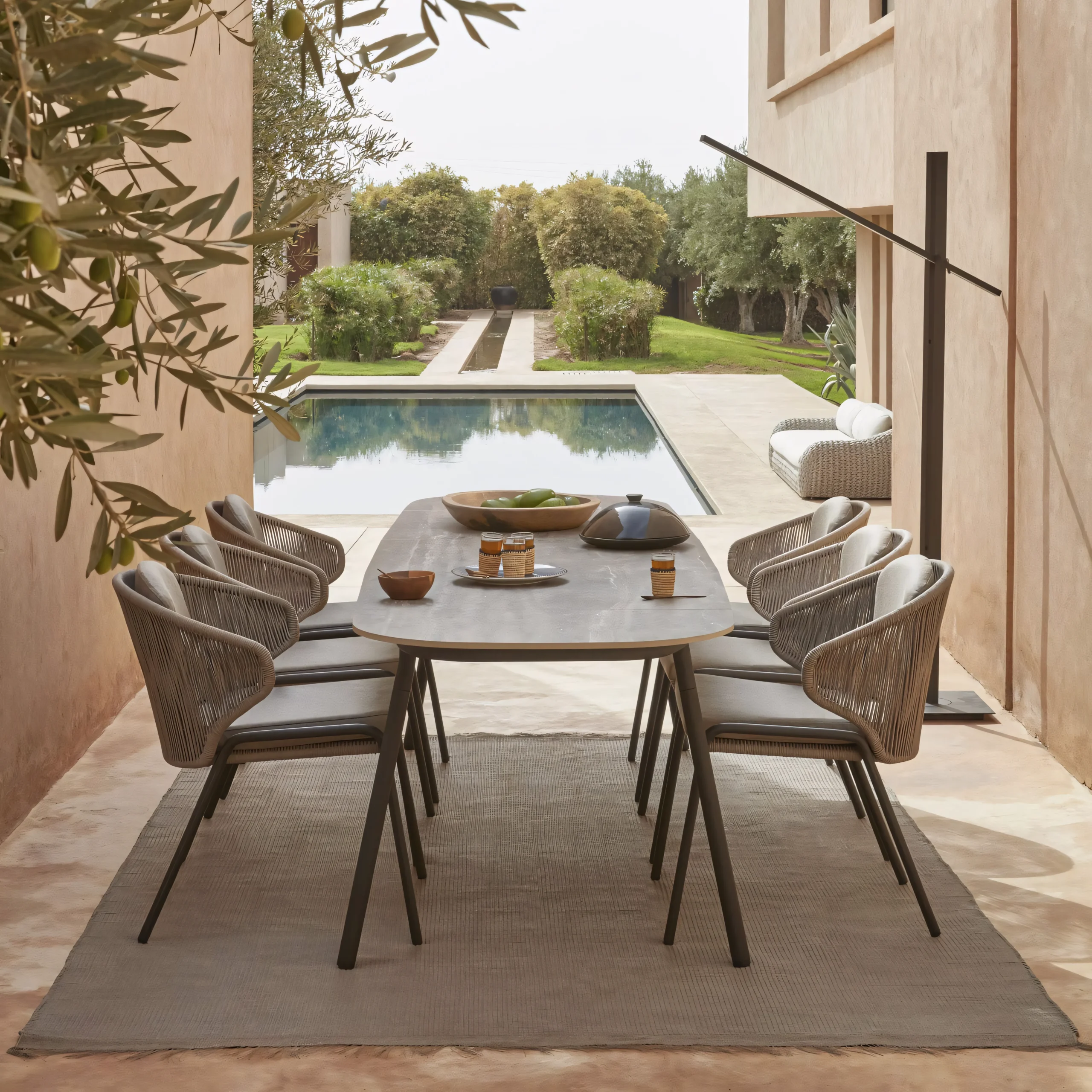 Modern Aluminum Garden Dining Suite: Weatherproof Rope Armchairs & Rectangular Stone Table - Image 4