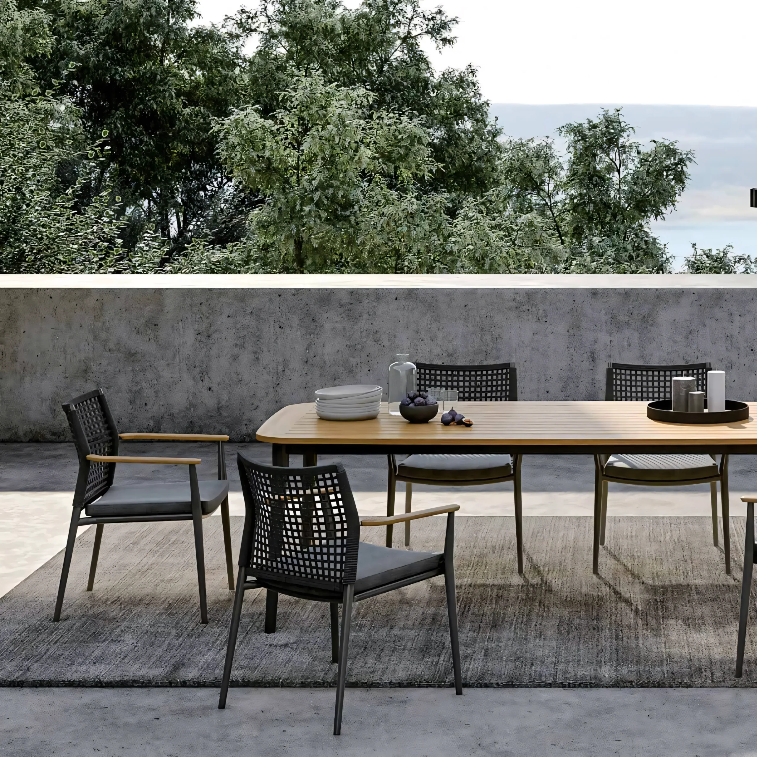 Modern Open-Grid Weave Garden Dining Chair with Teak Accents (Weather-Resistant) - Image 2