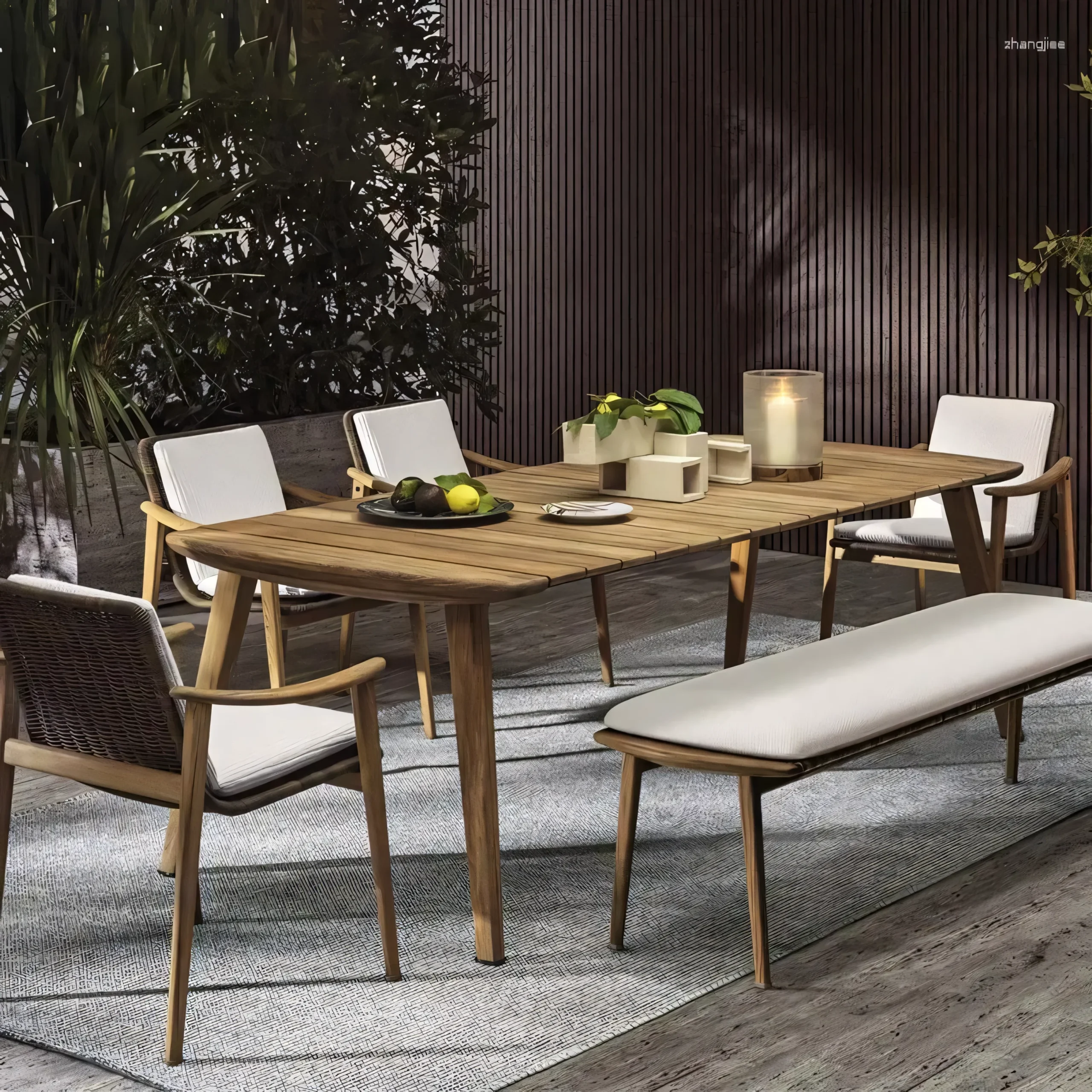 Outdoor Teak Wood Dining Chair with Woven Rope-Style Rattan Back | Waterproof Cushion & Quick Dry Foam