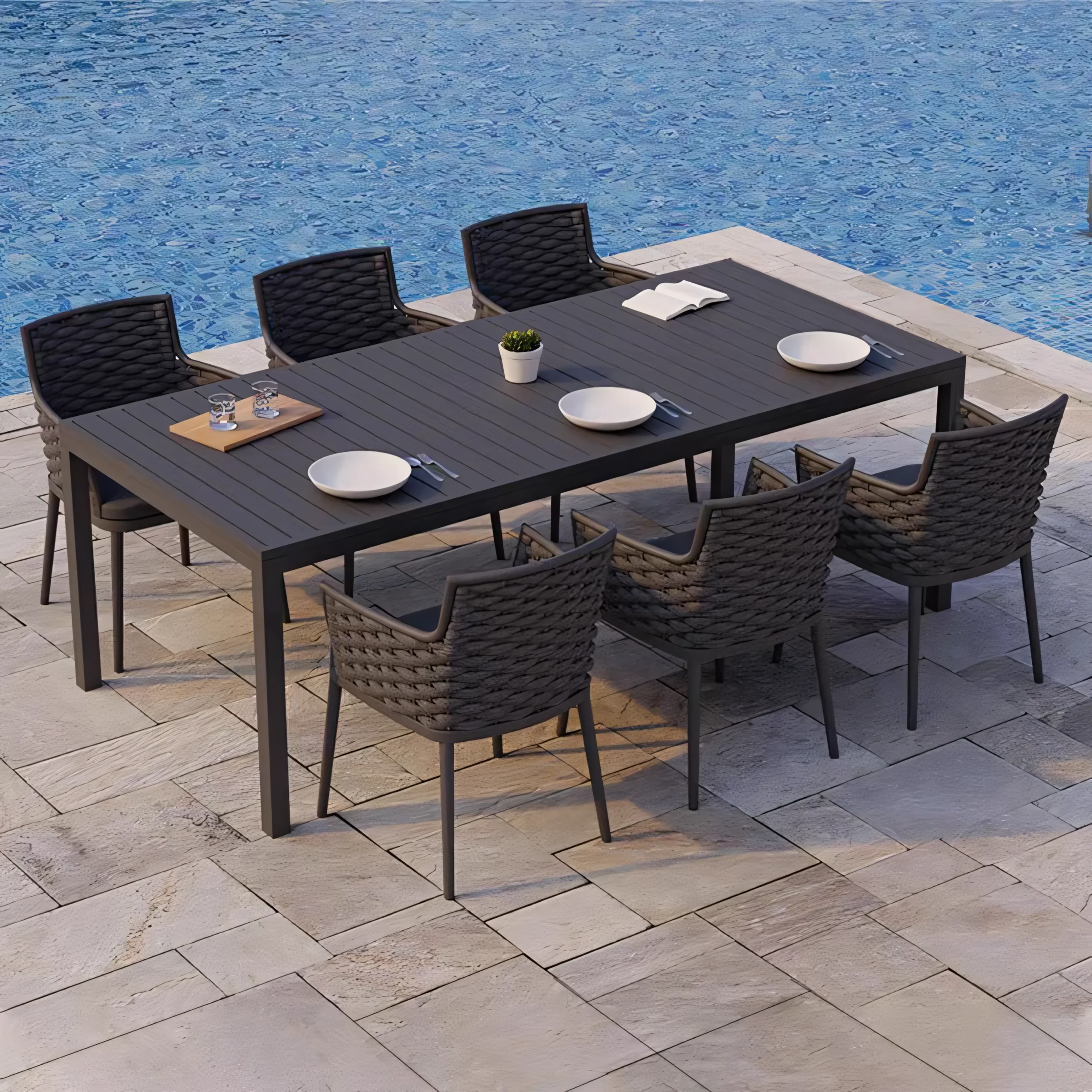 Modern Outdoor Rope Dining Set with Sintered Stone Table – Weather-Resistant Braided Chairs