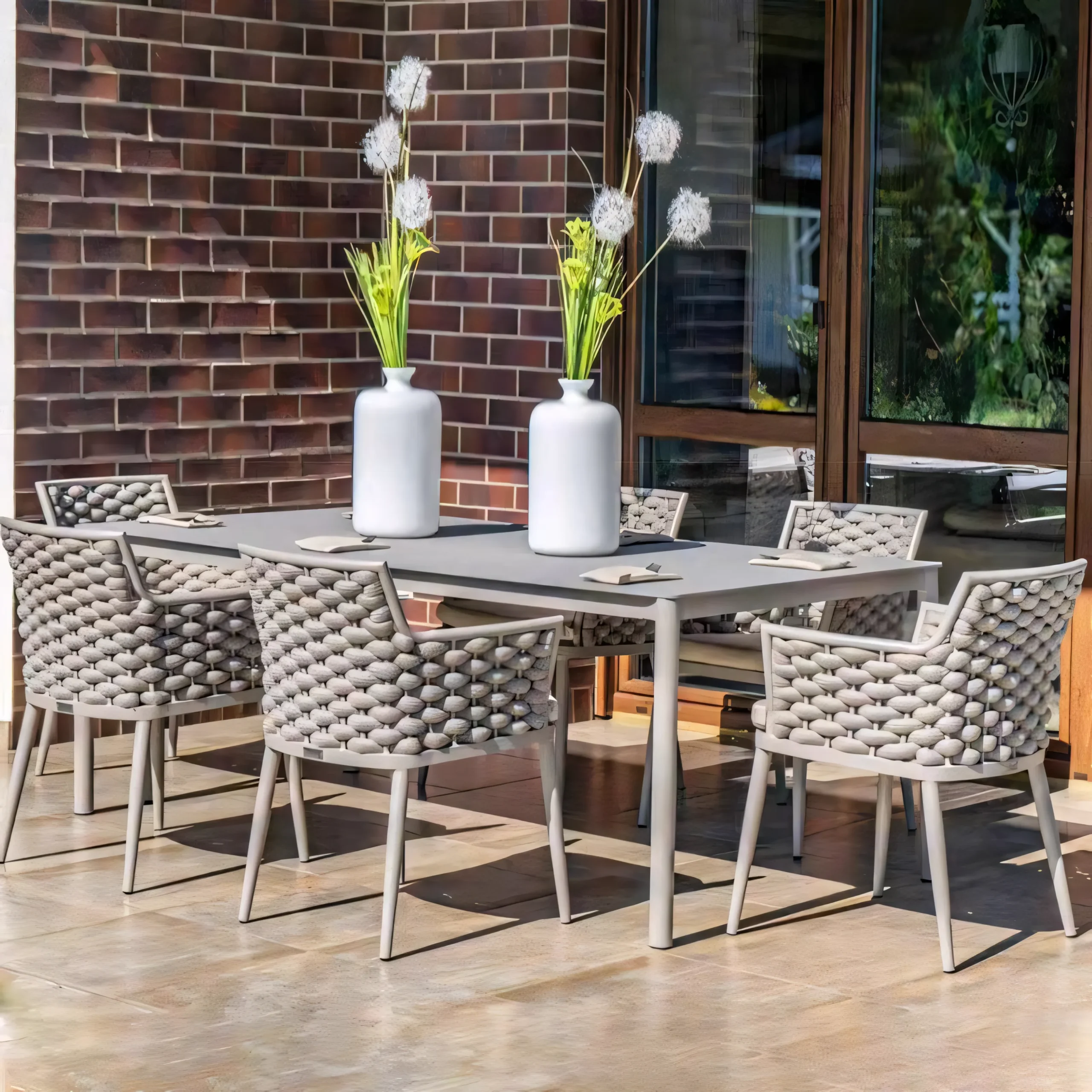 Modern Outdoor Rope Dining Set with Sintered Stone Table - Weather-Resistant Braided Chairs - Image 7