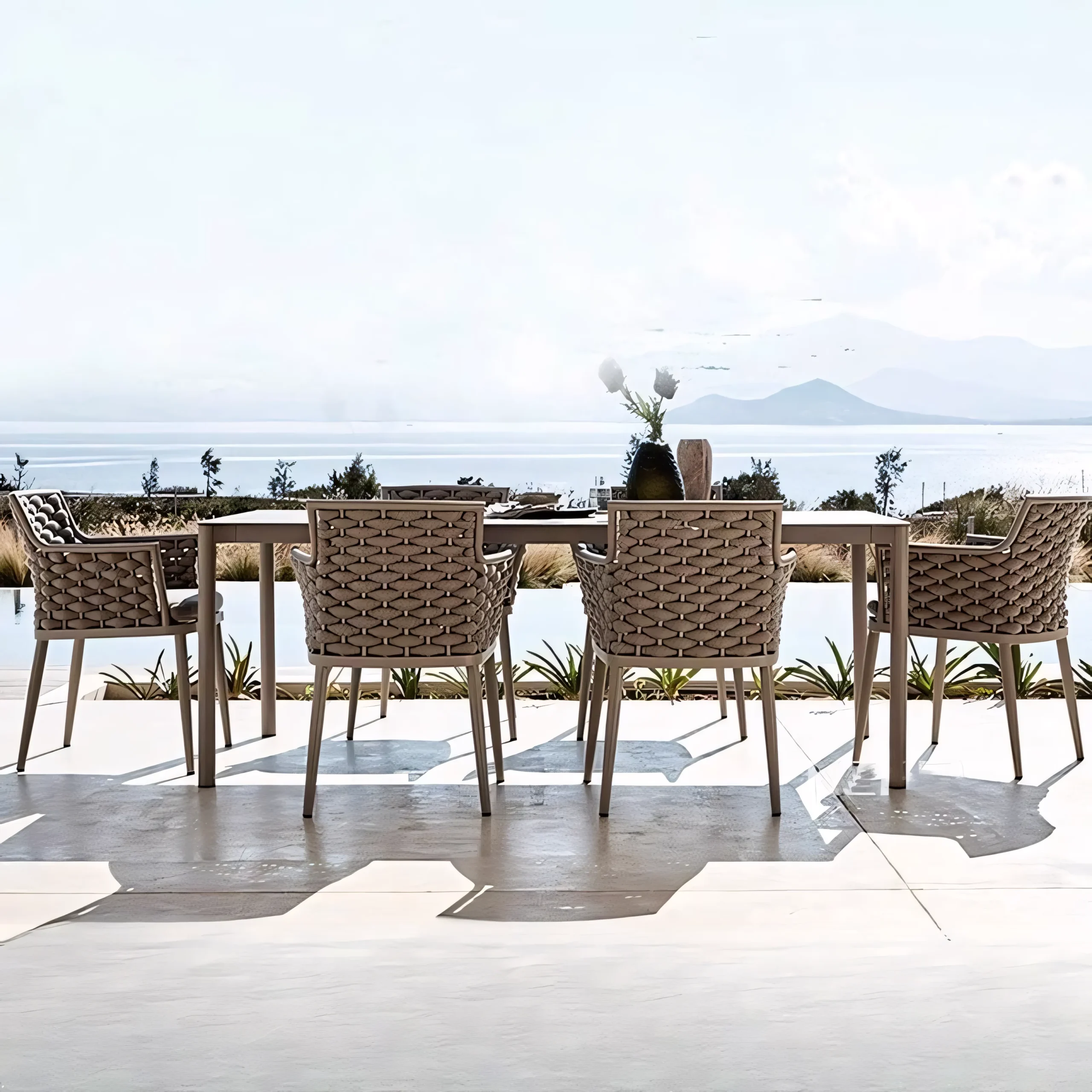 Modern Outdoor Rope Dining Set with Sintered Stone Table - Weather-Resistant Braided Chairs - Image 5