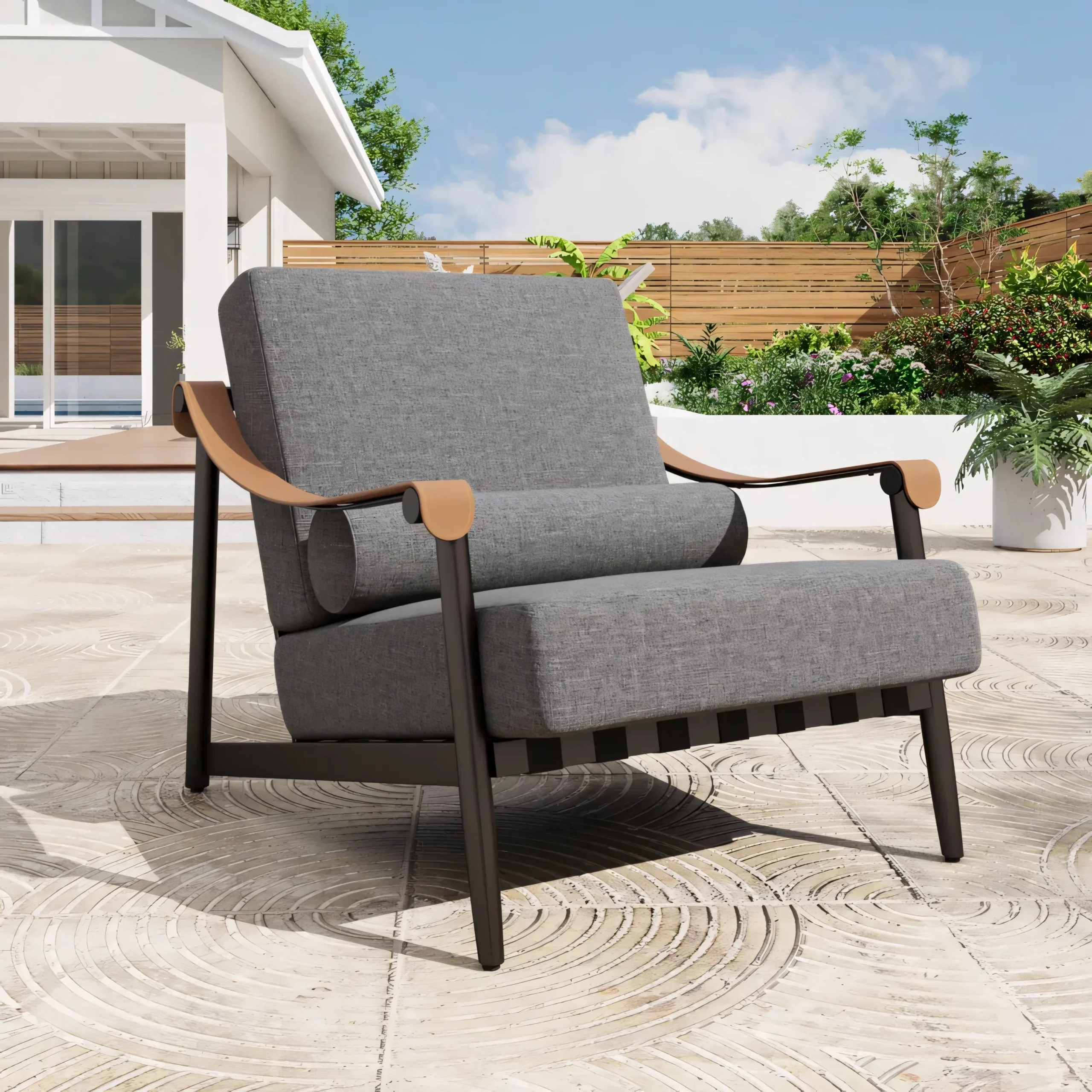Modern Rope Woven Outdoor Lounge Chair with Saddle Leather Armrests - Image 6
