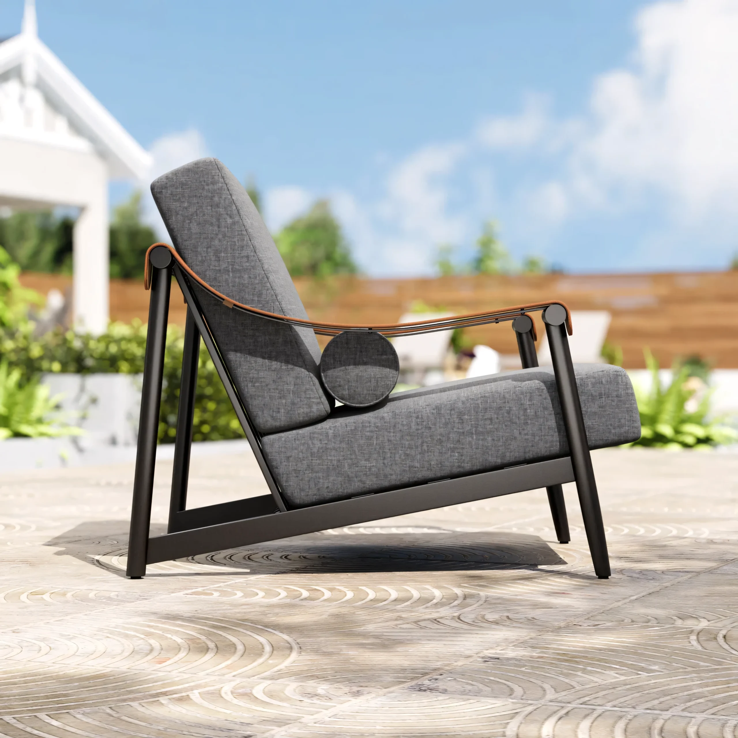Modern Rope Woven Outdoor Lounge Chair with Saddle Leather Armrests - Image 5