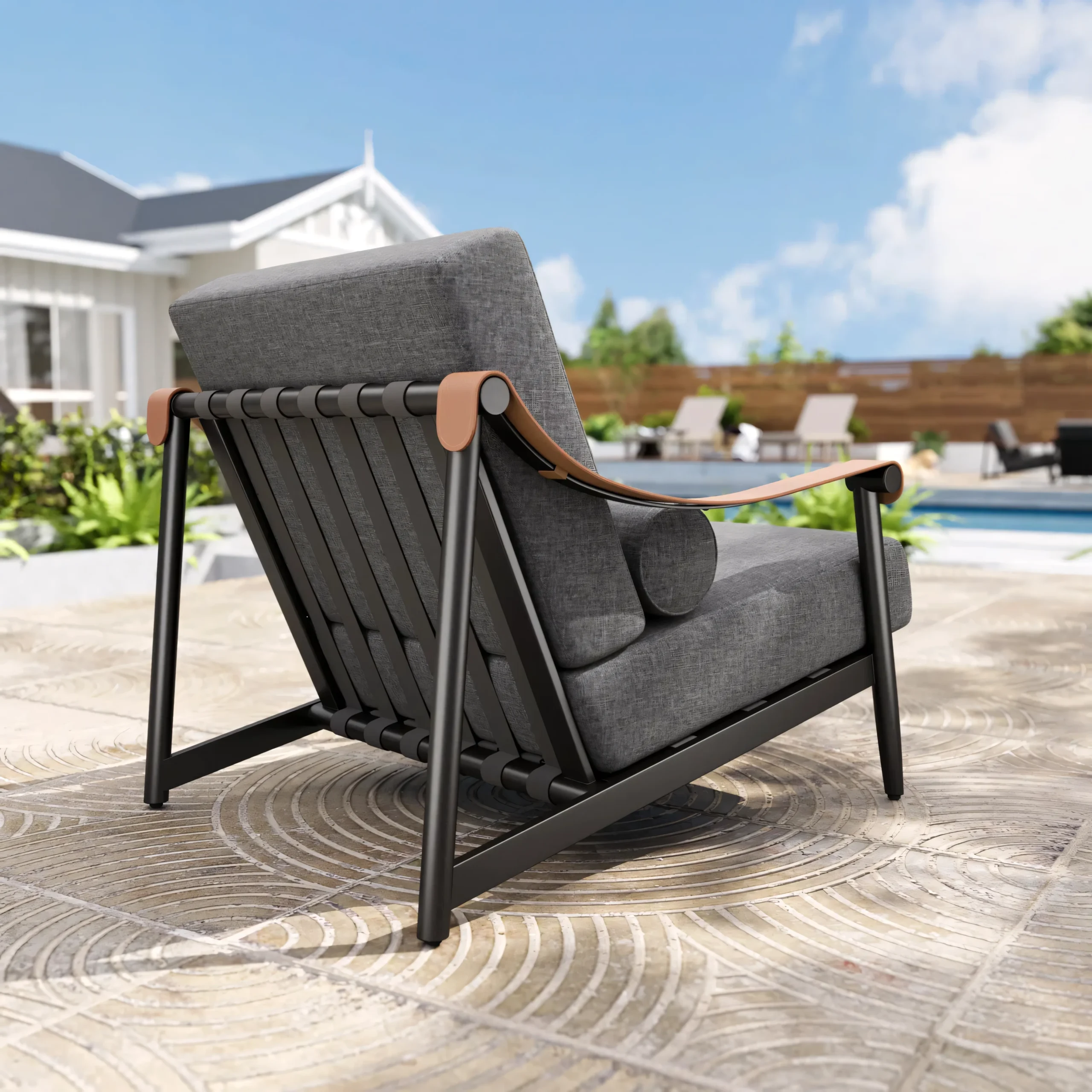 Modern Rope Woven Outdoor Lounge Chair with Saddle Leather Armrests - Image 4
