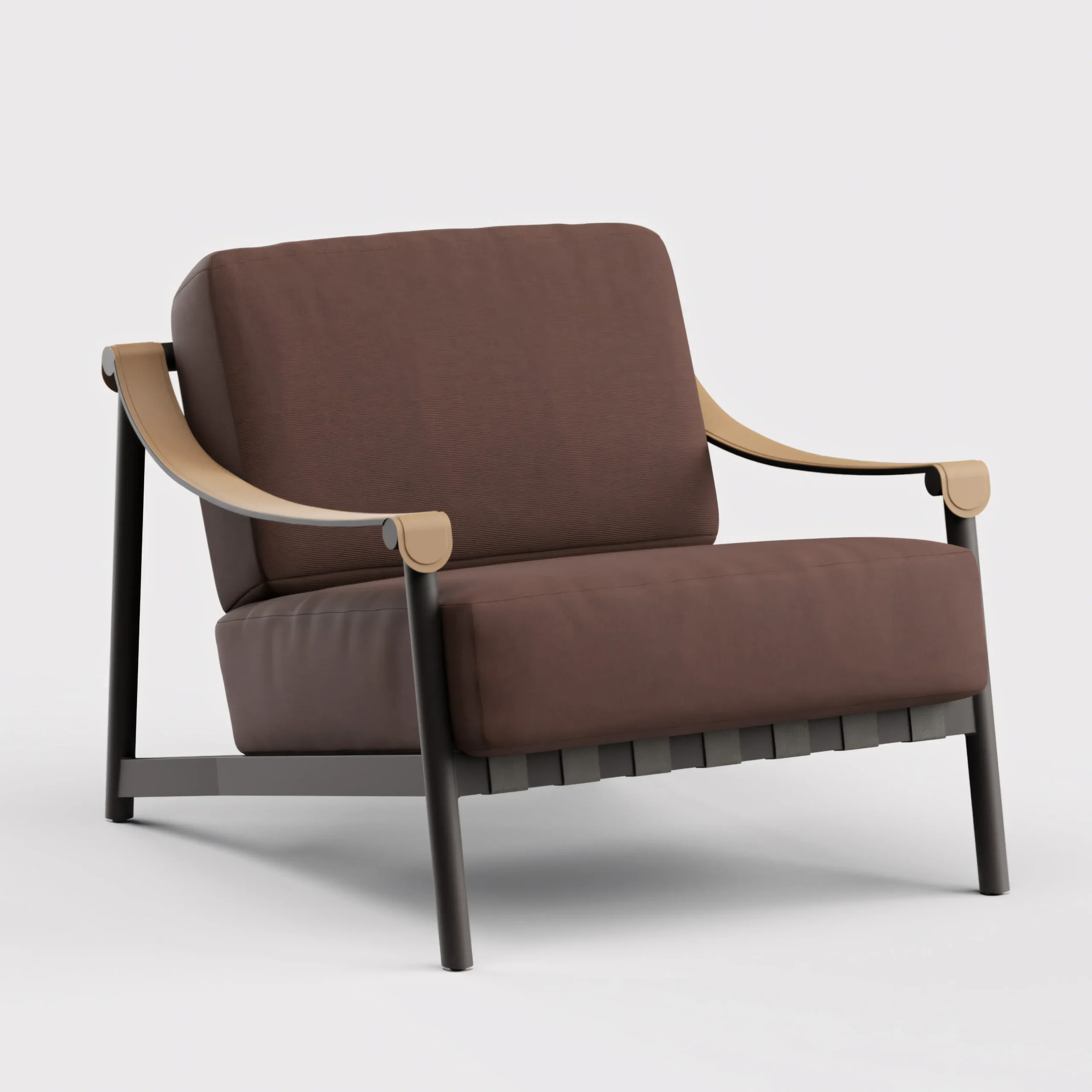 Modern Rope Woven Outdoor Lounge Chair with Saddle Leather Armrests - Image 3