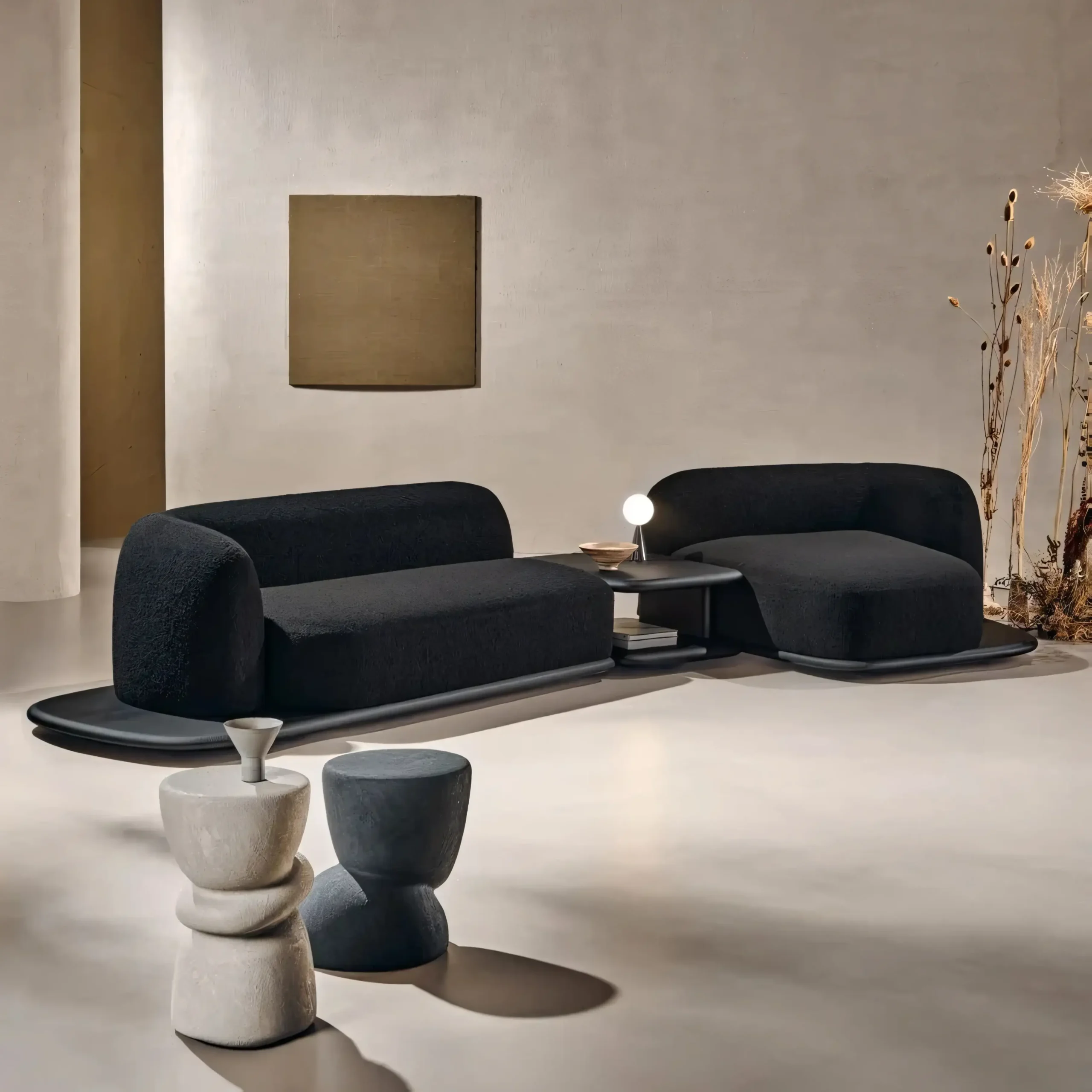 Japandi Organic Curved Bouclé Sofa with Floating Wood Plinth - Image 4