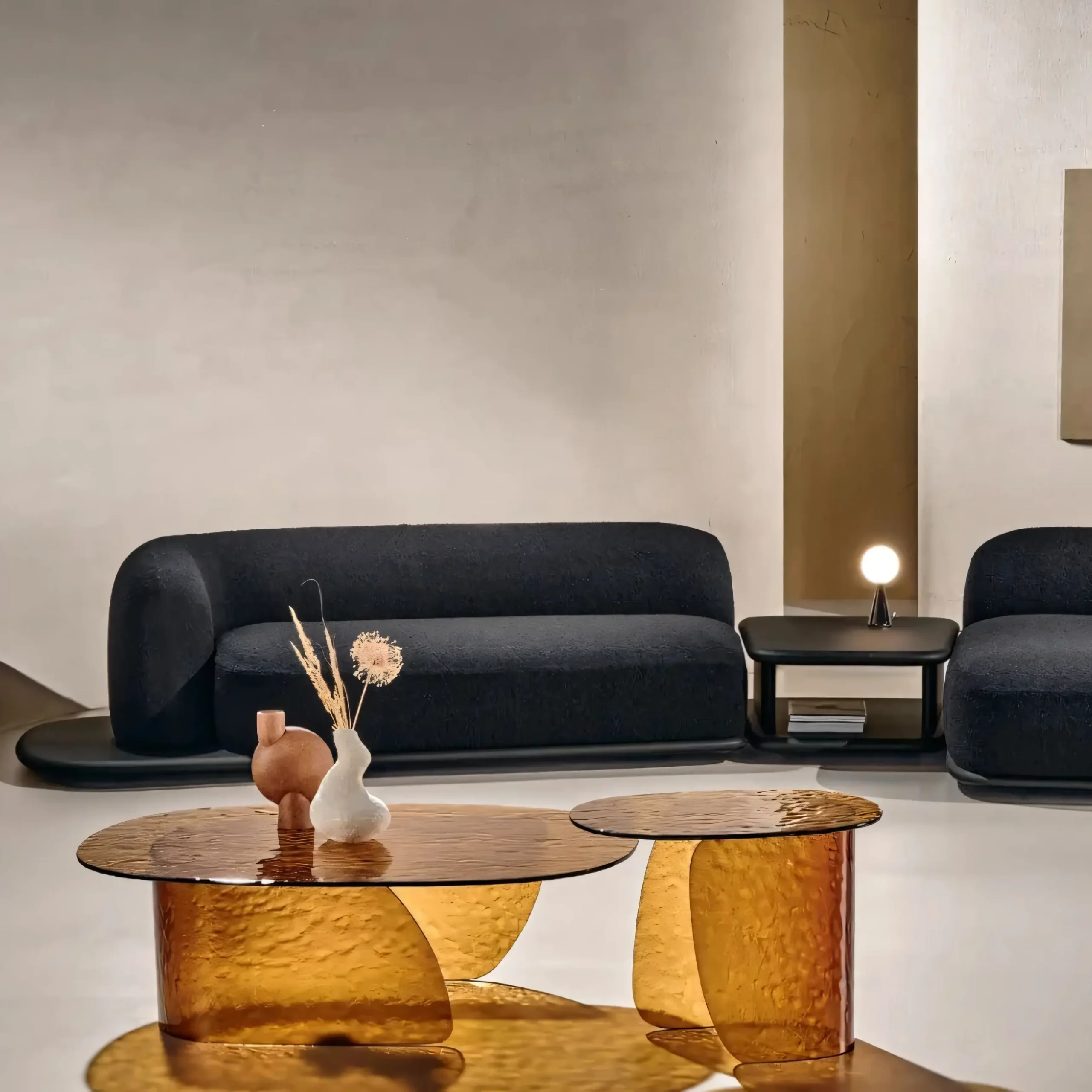 Japandi Organic Curved Bouclé Sofa with Floating Wood Plinth - Image 3