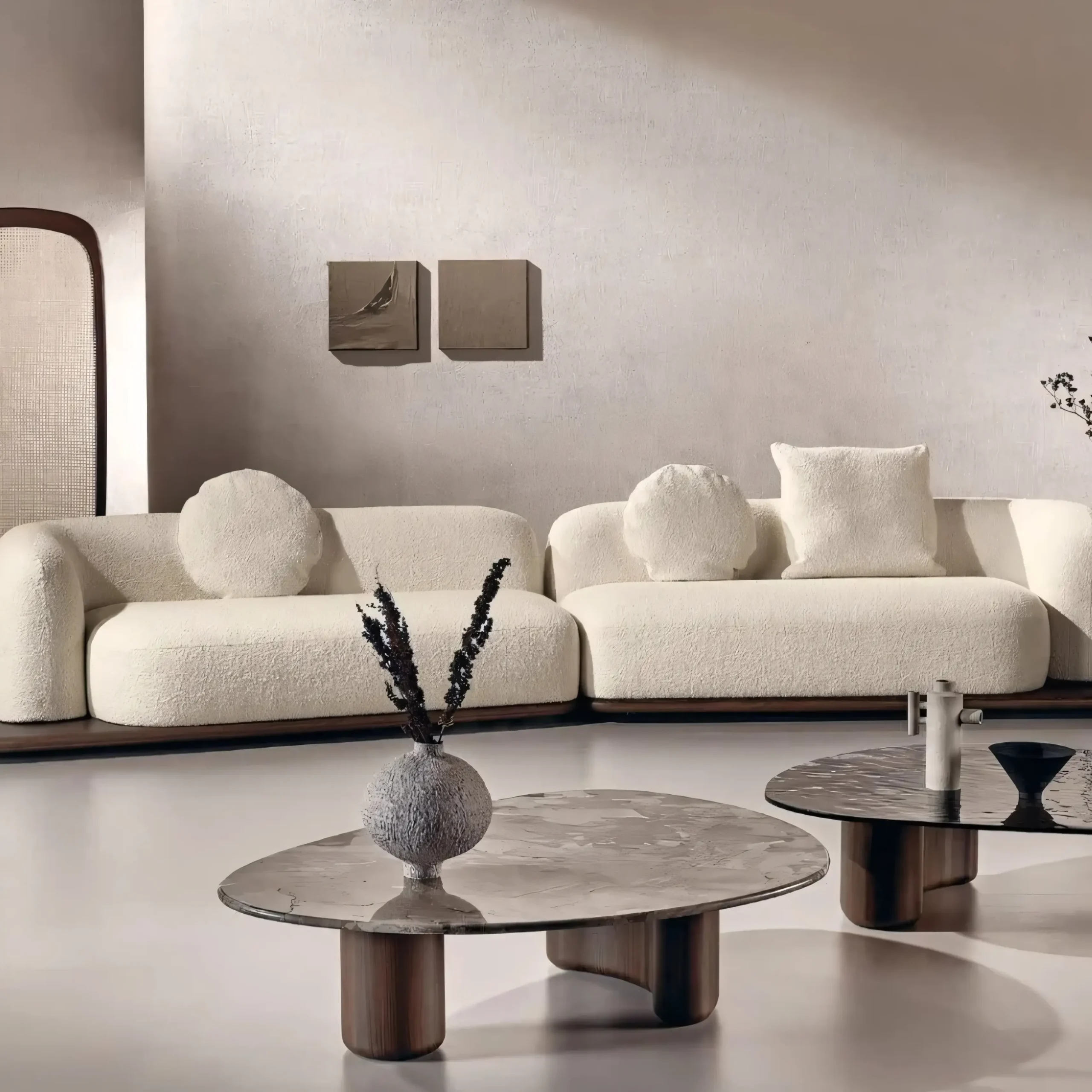 Japandi Organic Curved Bouclé Sofa with Floating Wood Plinth - Image 2